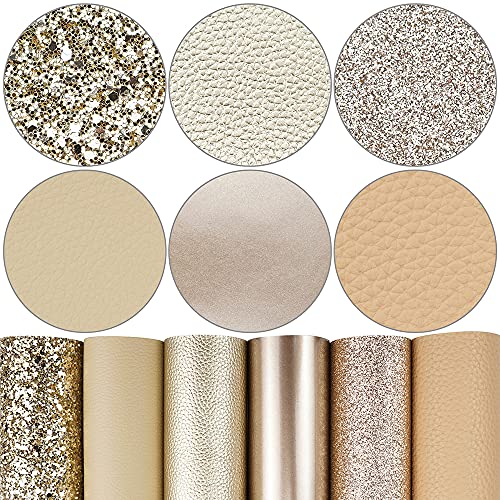 6 Pieces 8X12 Inch (21Cmx30Cm) Faux Leather Sheets Mixed Champagne Gold Series Fine Chunky Glitter Patent Metallic Litchi Texture Faux Leather Fabric For Leather Bows Earrings Making #TOP30