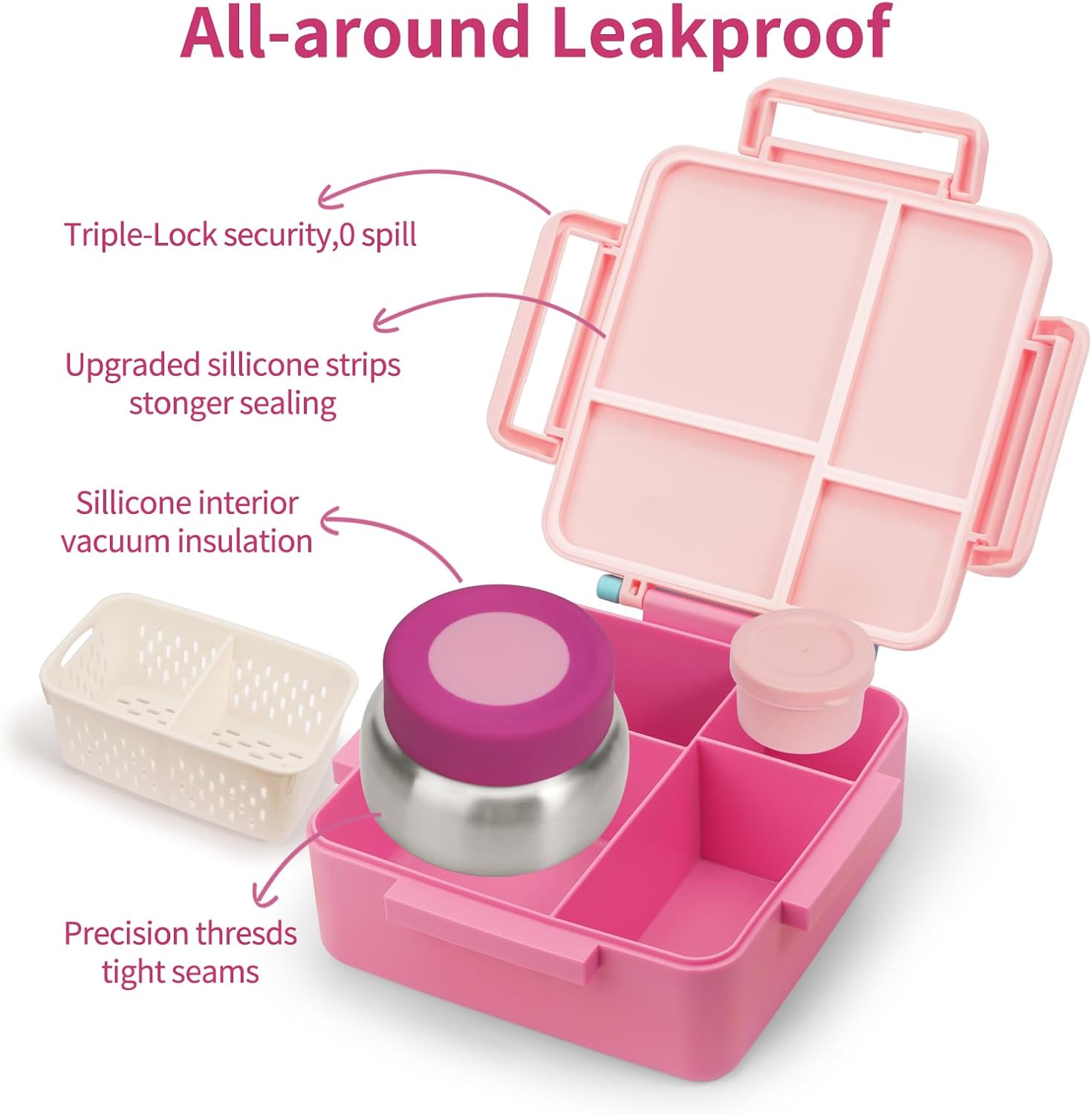 Bento Box for Kids with Thermos, [Large Capacity] Insulated Kids Lunch Box with 4 Compartment for Ages 3+, Drop-Proof & Dishwasher Safe Lunchbox Container Light Pink