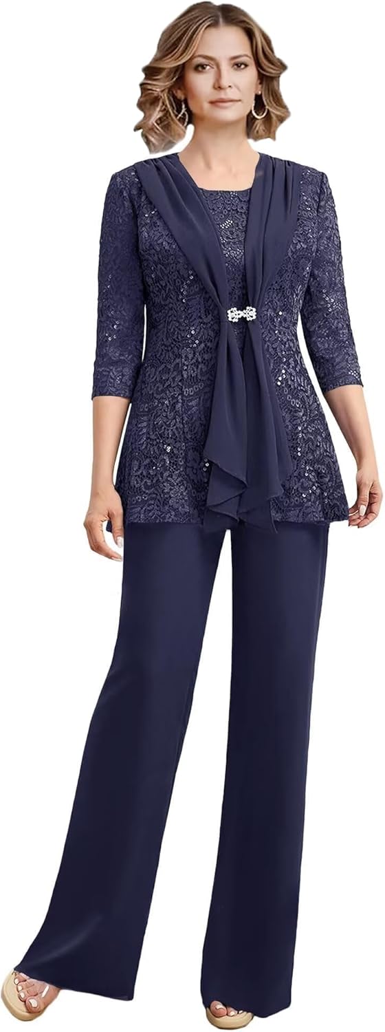 3 Piece Mother of the Bride Pant Suits Chiffon Applique Grandmother of the Bride Pantsuits for Wedding with Jacket