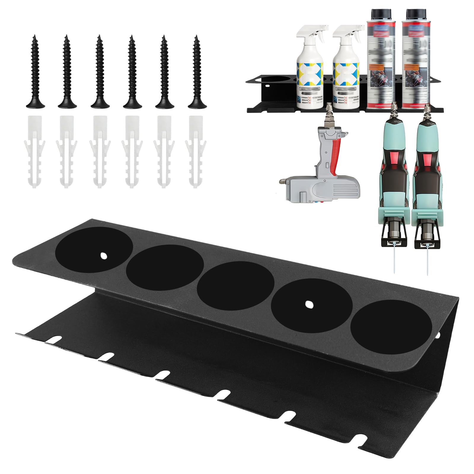 Porta-lattine per bottiglie spray, da parete, con 5 fori e 6 porta lattine per garage e casa
