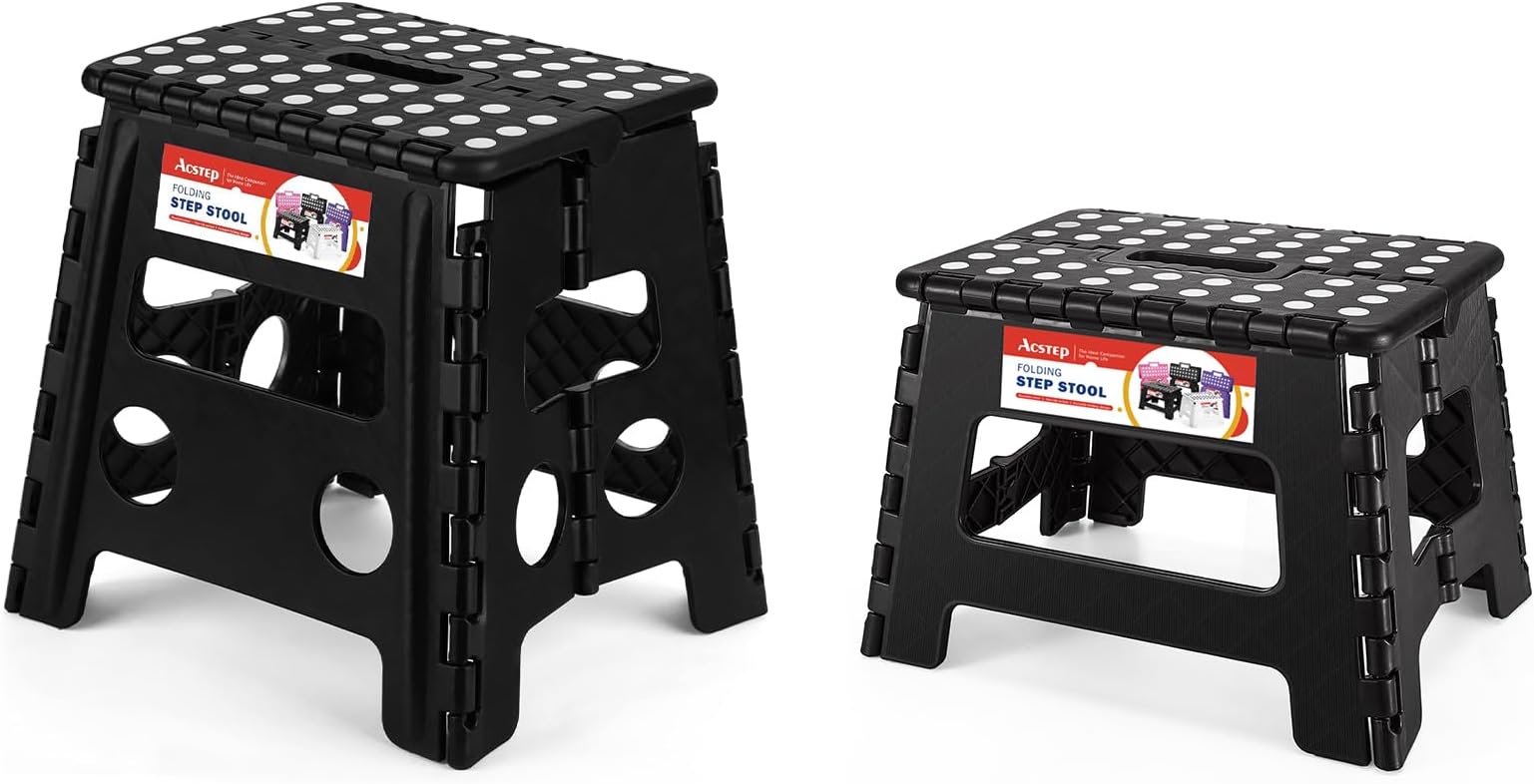 ACSTEP Folding Step Stool 9 Inch and 13 Inch Kids Step Stool Holds Up to 300 lb Plastic Foldable Step Stools for Kitchen, Home, Outdoor and Indoor(Black&Black)