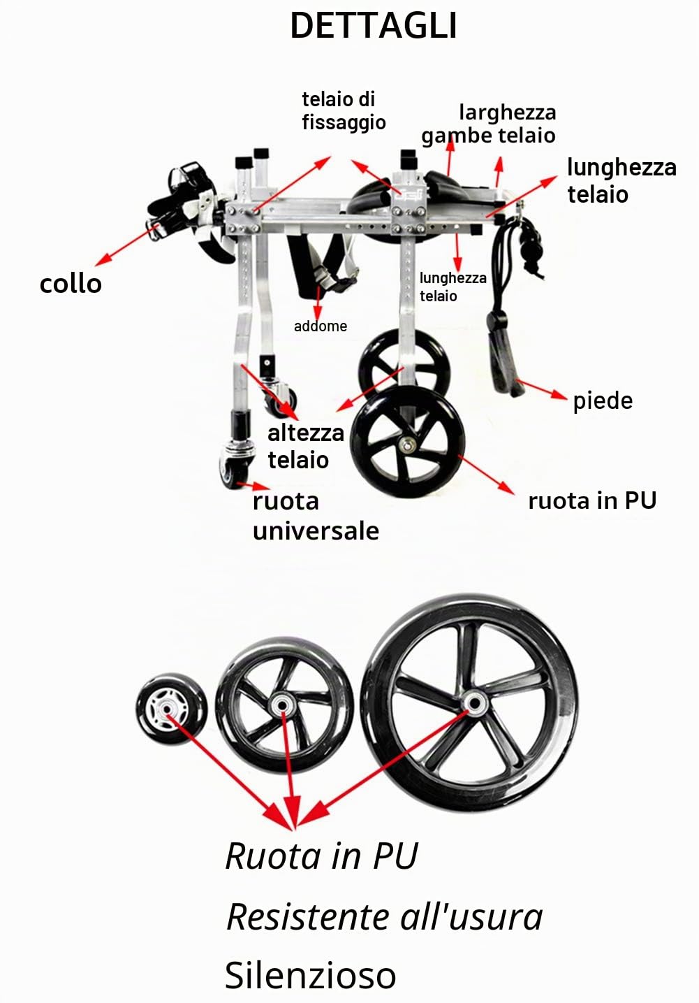 Carrello Regolabile per la Riabilitazione delle Zampa Anteriore/Zampe Posteriori di Cani e Gatto, Imbracatura Cane Supporto per Cane Anziani/Feriti Disabili, 4 Ruote, Dog Wheelchair, 1~6KG