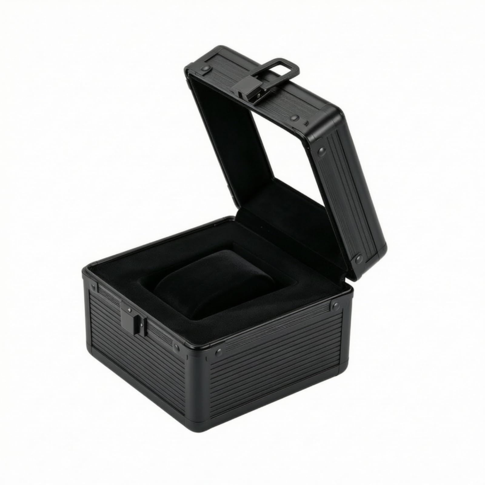 Uhrenbox mit Frontverschluss kompakt Uhrenbox mit Klappdeckel tragbar Uhrenkoffer für Reise, Kommode, Schreibtisch, Schwarz, Abgerundete Ecken, Transparent, Schwarze Auskleidung