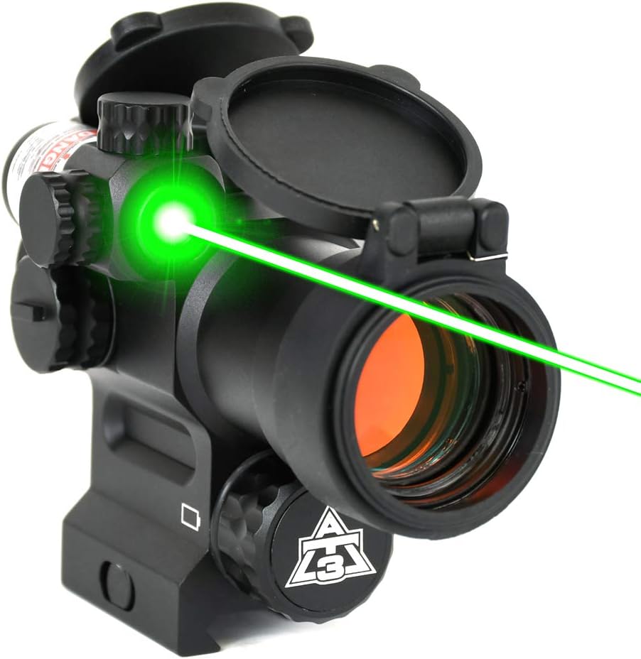 - AT3 LEOS Red Dot Sight with Integrated Green Laser Sight - 2 MOA Red Dot Scope with Flip Up Lens Caps