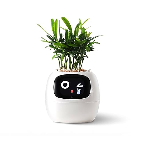 PLANTSIO Intelligenter Pflanzroboter mit Emojis zur Pflanzenpflege, Bezaubernder Pflanzenbegleiter mit umfassender Gesteninteraktion, Gartentopf als Geschenk für den Schreibtisch (Weiss) - Weiß