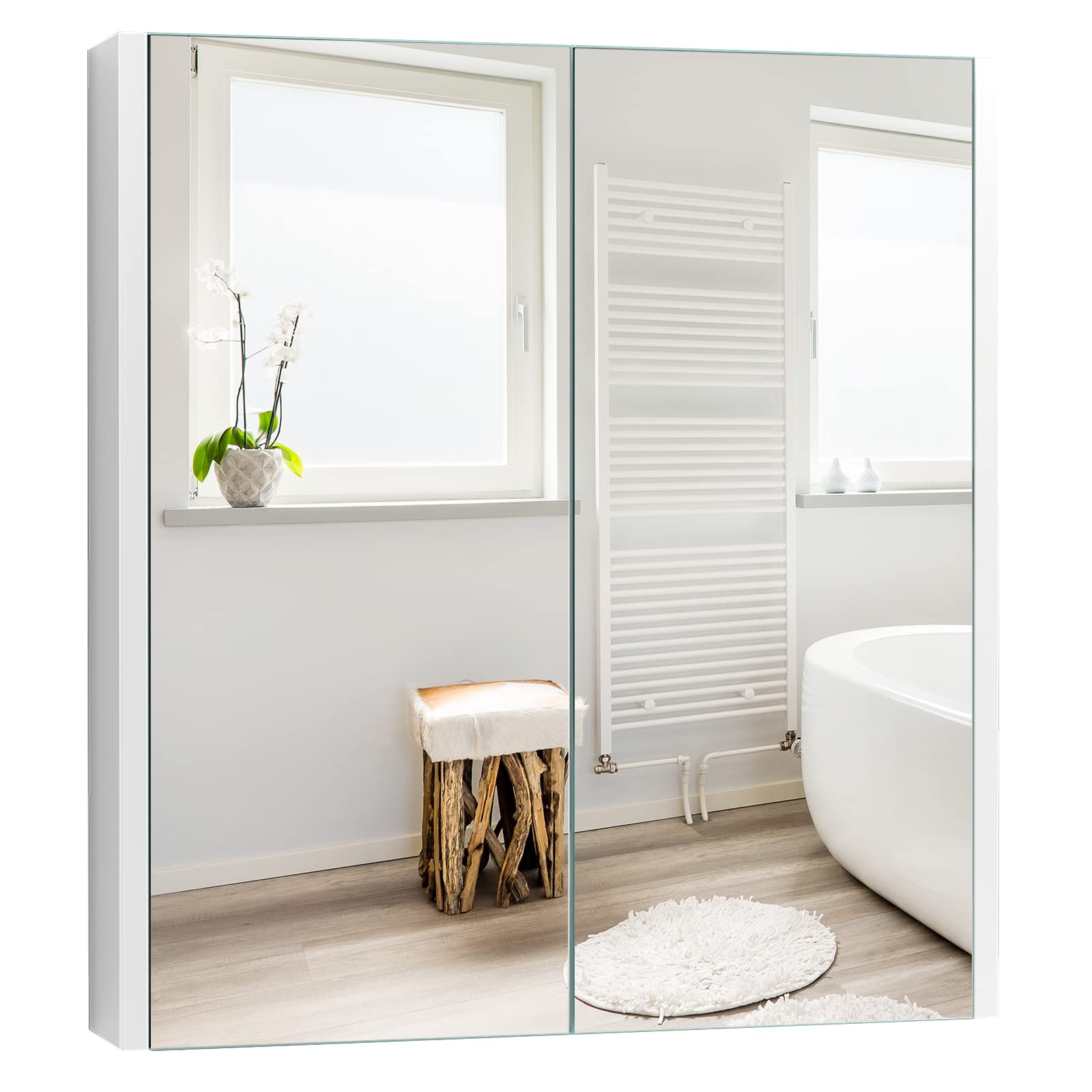 RELAX4LIFE Mobile da Bagno con Specchio, Armadietto da Parete con 2 Ante e Mensola, Mobile Specchiera Bagno, 65x62x11cm
