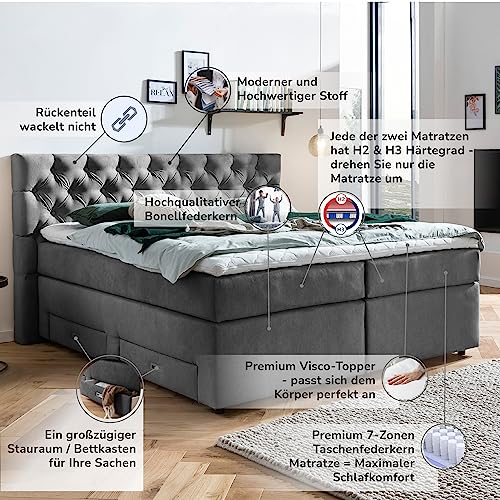 Belanoti ® Lara Boxspringbett 180x200 mit 4 Schubladen Stauraum Bett 180x200 mit Bettkasten in der Farbe Dunkelgrau H2/H3 Chesterfield Kopfteil 7-Zonen Taschenfederkern Matratze inkl. Visco Topper – Bild 5