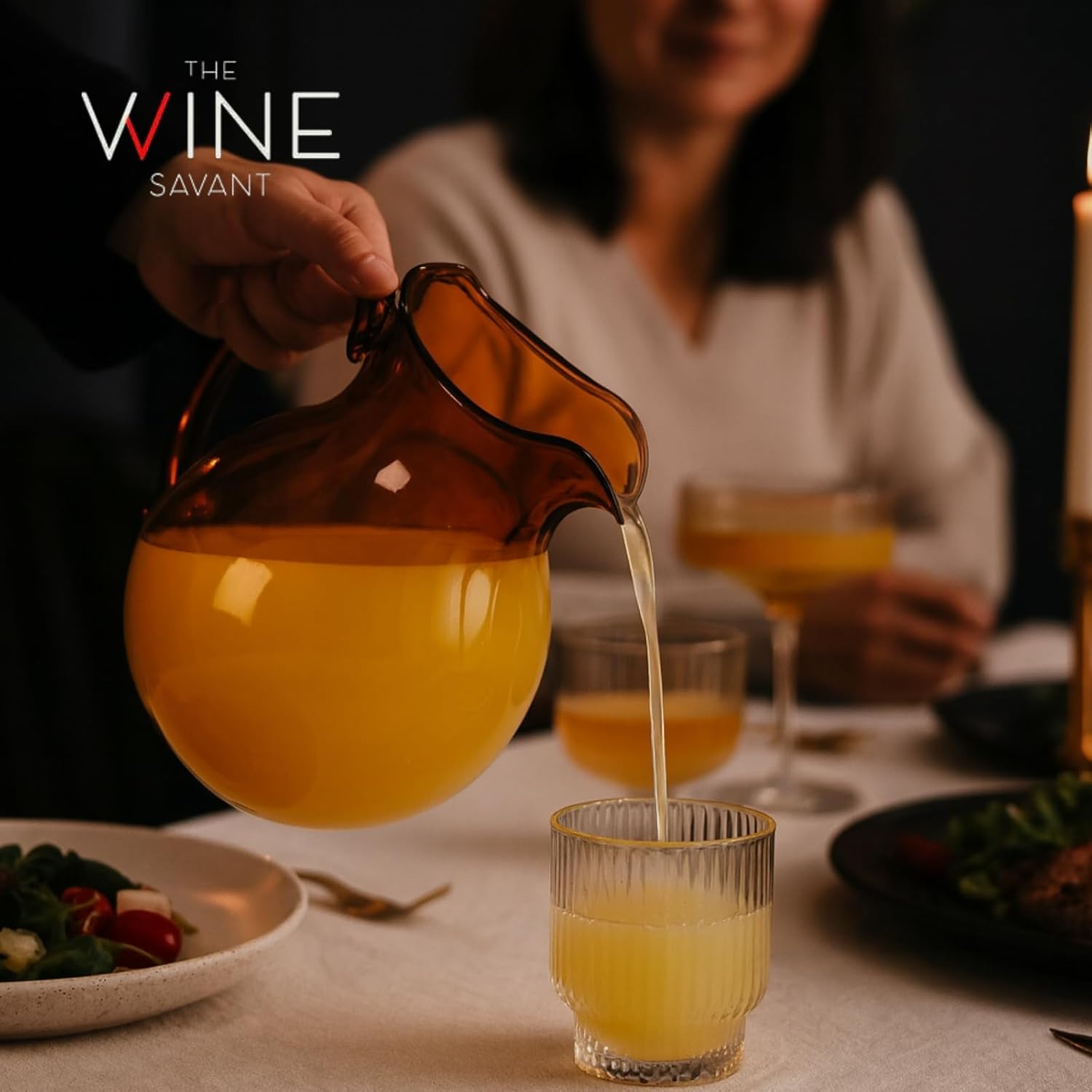 Italian Design Amber Glass Jug Mouth-Blown Venetian Pitcher 750ml Handmade Murano-Inspired Carafe with Organic Wave Silhouette, Elegant Amber Tone Table Décor & Functional Art Glass for Dining Display