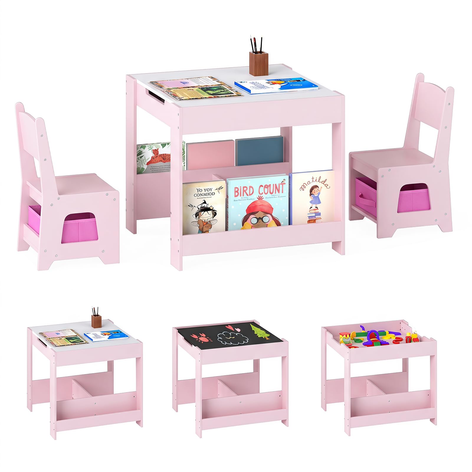 COSTWAY Kids Table and Chairs Set, Wooden Toddler Activity Tables with Reversible Tabletop, Bookshelves, Storage Bins, 3-Piece Children Furniture for Boys Girls (Pink, 61x61x56cm)