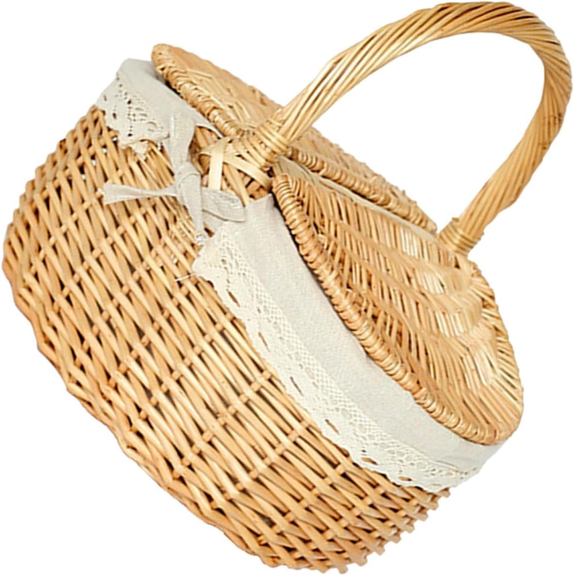 Wicker Handwoven Picnic Basket with Lid Medium 35x24x17cm Outdoor Storage Basket for Fruits and Vegetables Organizer