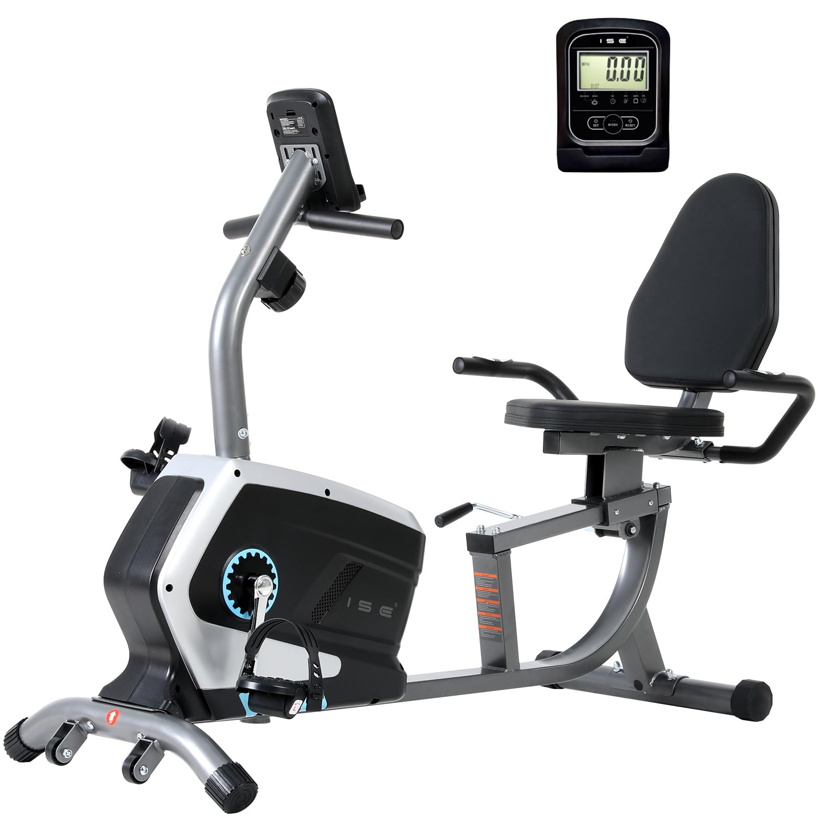 ISE Vélo d'Appartement Semi-Allongé Magnétique, Vélo Couché 8 Niveaux Résistance, Velo Semi Allongé Roue Transport, Impulsion&Ecran LCD, Velo d appartement Semi Allongé Siège Réglable Ergonomique