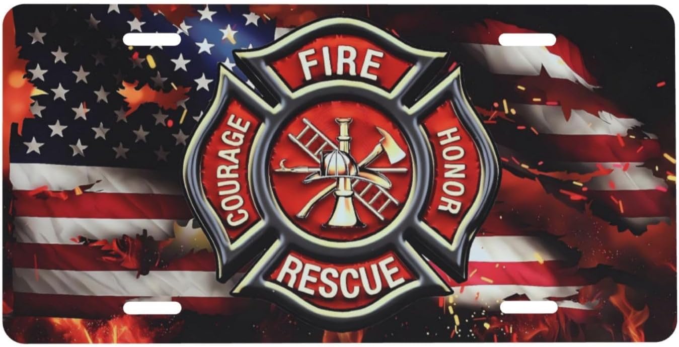 Firefighter Flame Symbol American Flag Aluminum License Plate 6 x 12 Inch Metal Car Front License Plate Cover Car Decor Accessory Novelty Vanity Decoration Tag with 4 Holes Gift for Men Women