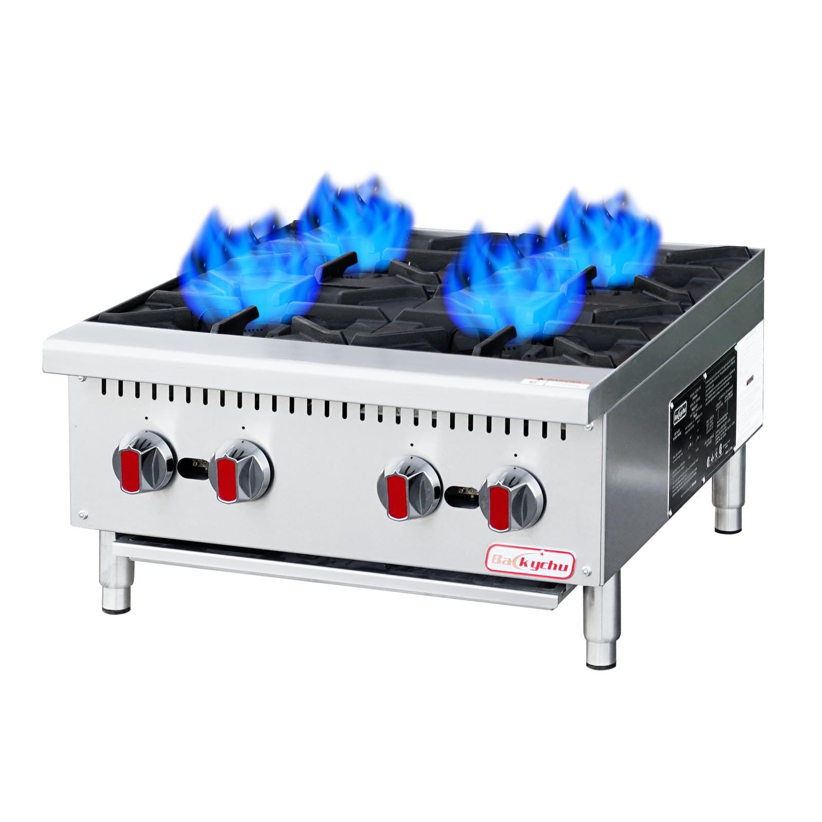 Backychu Commercial Gas Stove 4-Burner - 100,000 BTU Countertop Gas Range, Heavy-Duty Stainless Steel for Restaurant, Catering & Food Truck, Multi-Fuel Compatible Propane/Natural