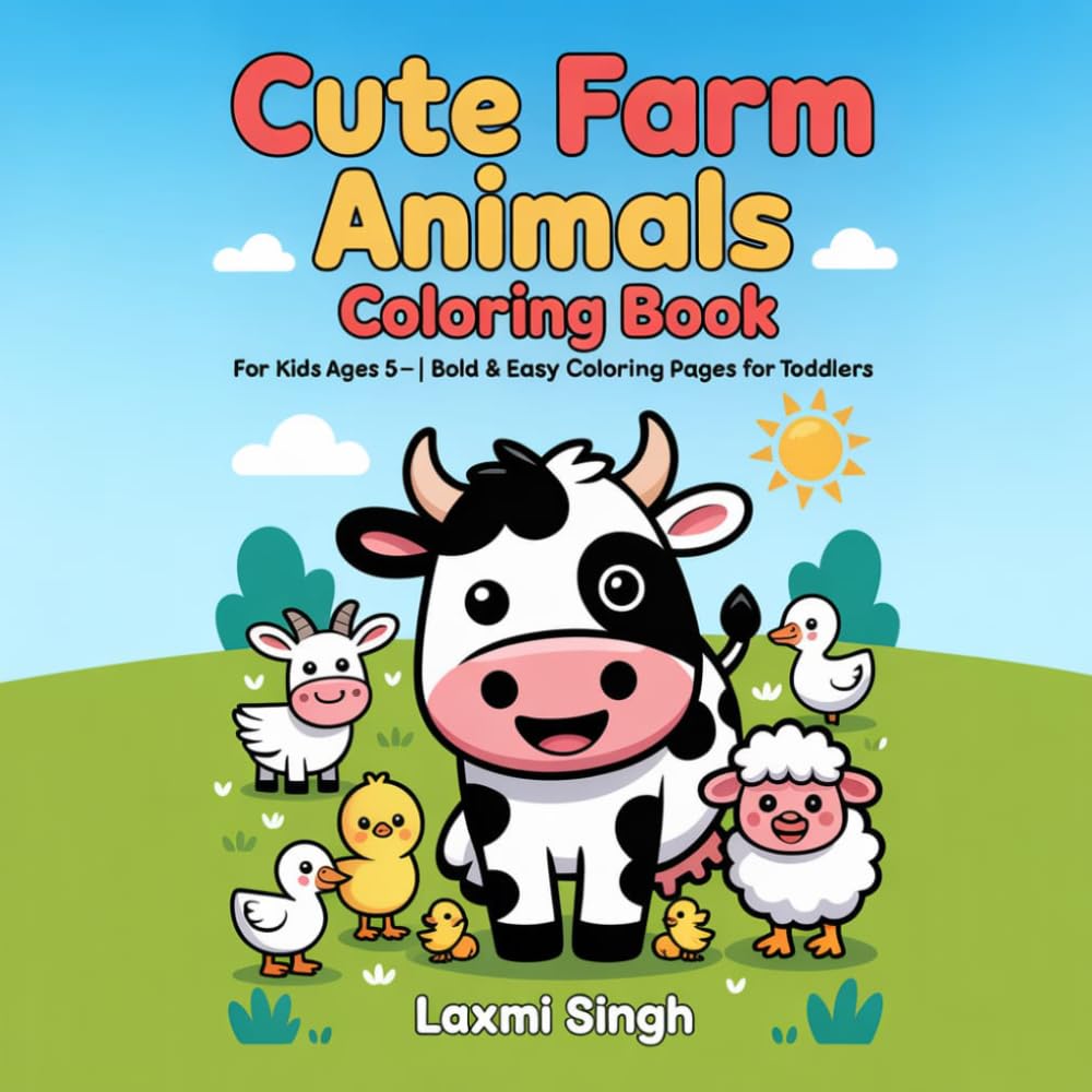 Cute Farm Animals Coloring Book for Kids Ages 3–5: Bold & Easy Coloring Pages for Toddlers