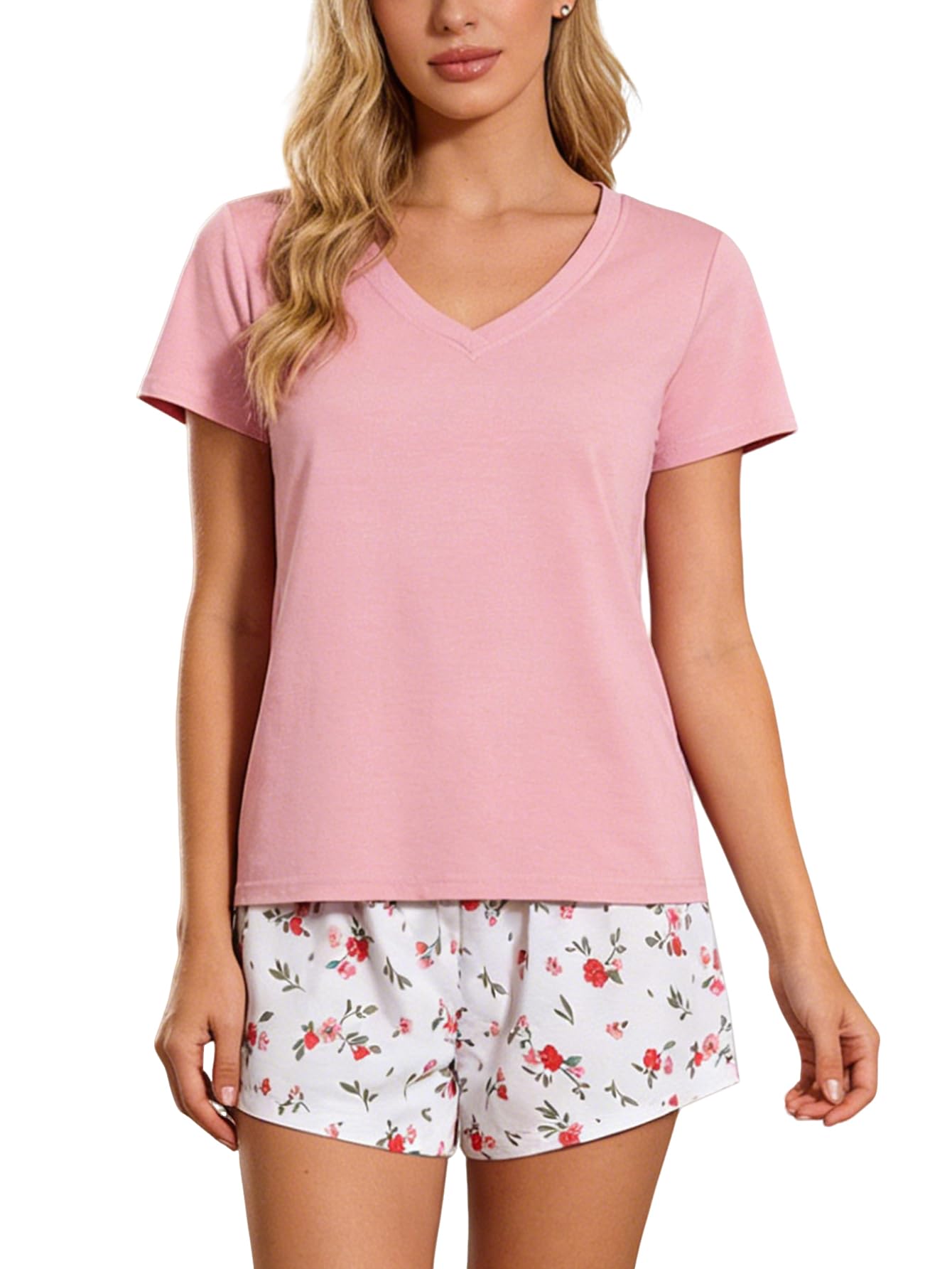 VENTELAN Pajama Set For Women Cute PJS Summer Short Sleeve Shorts Sleepwear