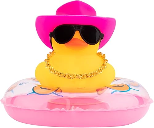 wonuu Accesorios de coche rosa Decoración de pato de goma adorno de coche con anillo de natación, collar, mini sombrero de vaquero y gafas de sol