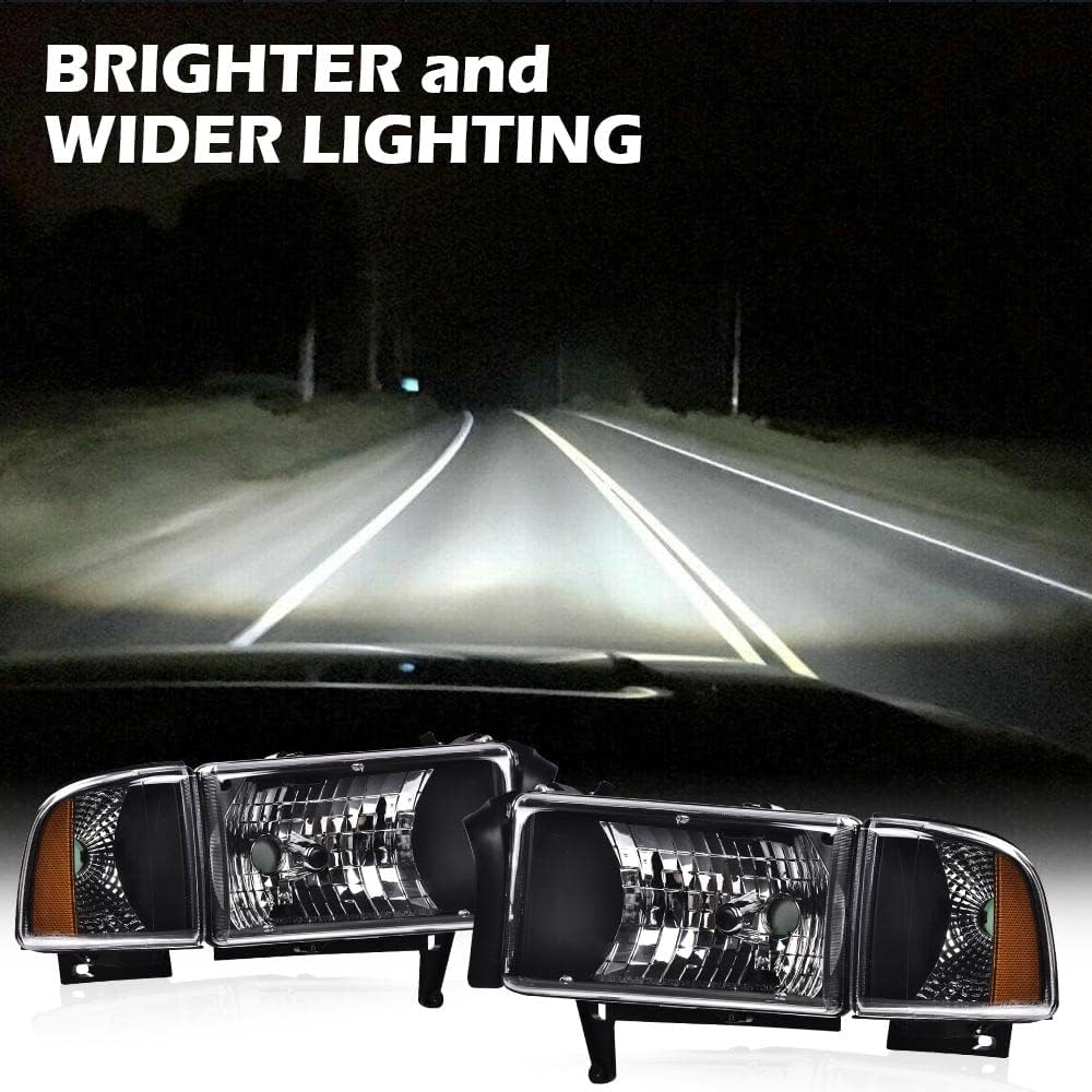 PIT66 Headlight Assembly Compatible with 1994-2002 Dodge Ram 1500 2500 3500 Headlamps Assembly Clear Lens Black Housing Amber Reflector