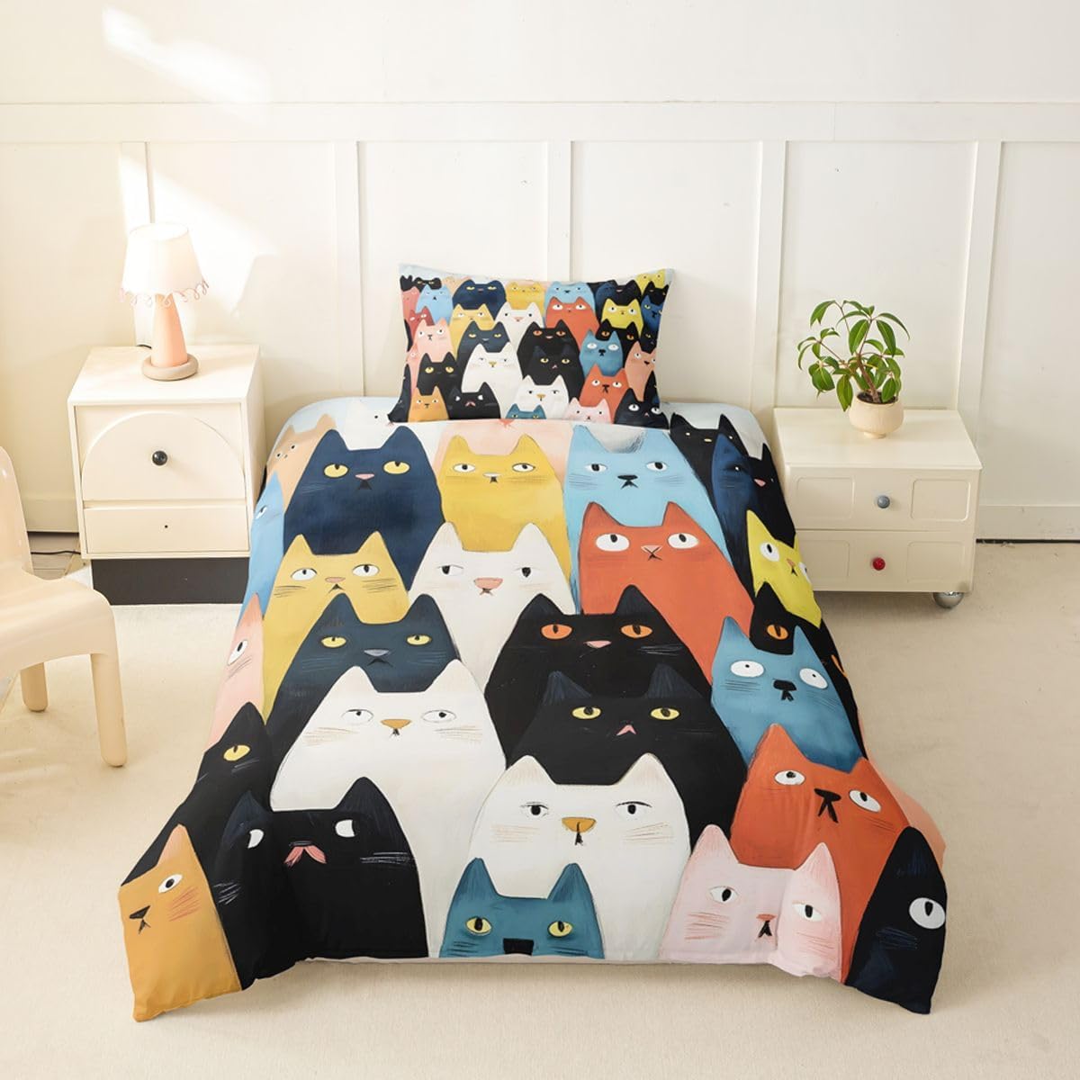 Erosebridal Colorful Cartoon Cat Duvet Cover Set Cat Family Girl Toddler Bedding Set for Teenage Boys Abstract Art Comforter Cover Mid-Century Bed Sets
