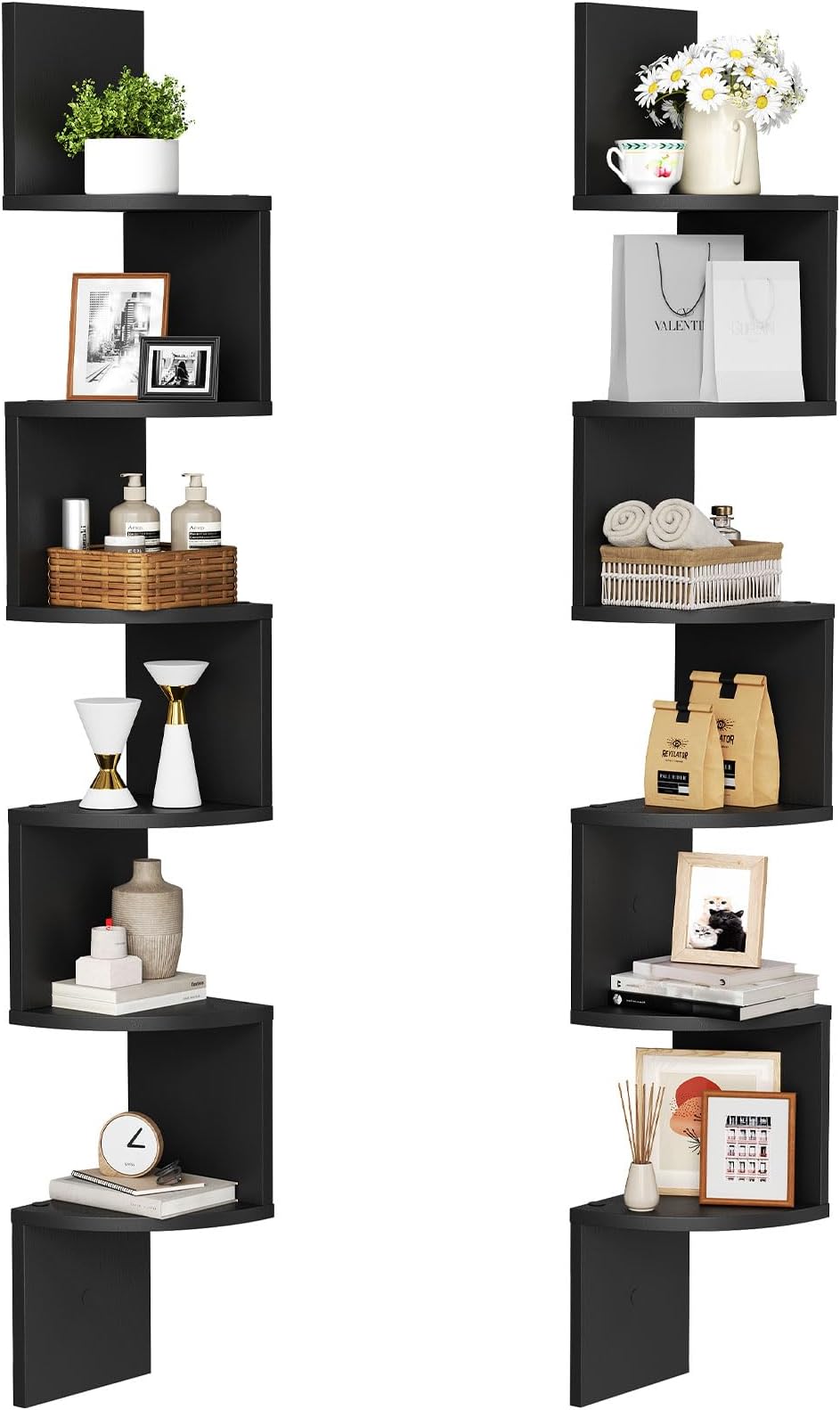 HOOBRO Corner Shelf Wall-Mounted, Set of 2 Floating Corner Shelves for Wall, 6-Tier Corner Bookshelves for Living Room, Bedroom, Bathroom, Home Office, Black BK27BJP201