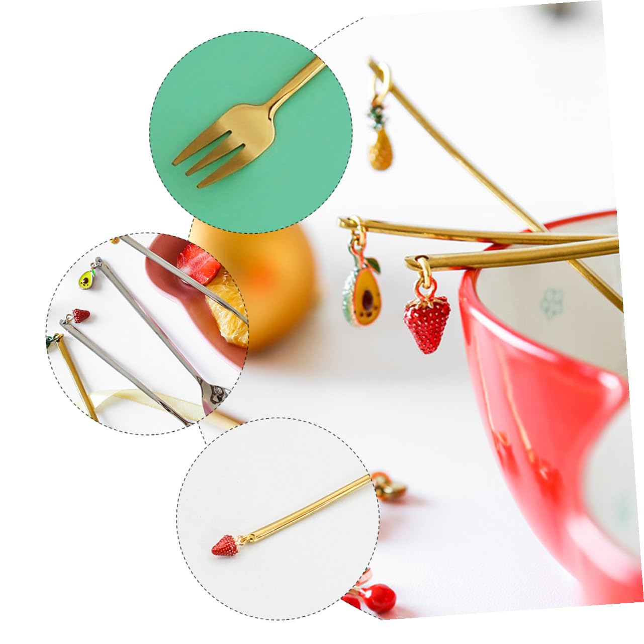Tenedores de Postre Decorativos Colgante de Fruta, 4 Piezas | Acero Inoxidable Dorado, Pulido Espejo, Agarre Cómodo y Estilo Creativo para Mesa y Café