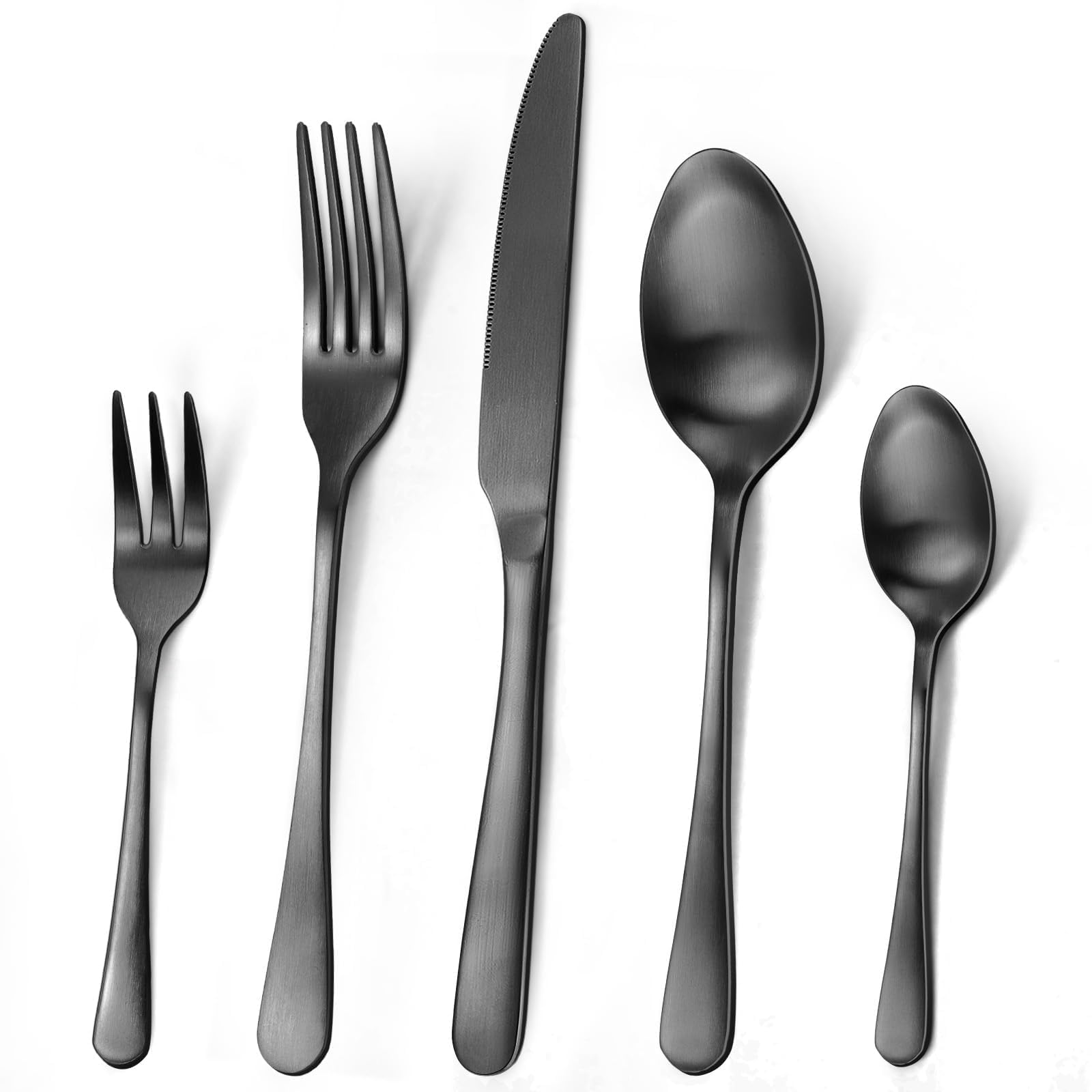 Juego de cubiertos para 6 personas, 30 piezas, color negro mate, juego de cubertería con cuchillo, tenedor, cuchara, juego de cubiertos de acero inoxidable, mate y apto para lavavajillas