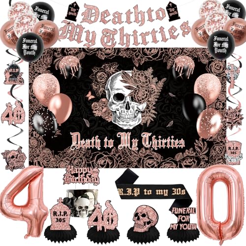 Crenics Death to My 30s Decorations - Death to My Thirties Backdrop Banner Honeycomb Sash Hanging Swirls Cake Topper and Balloons for 40th Birthday Party Decorations for Women or Men