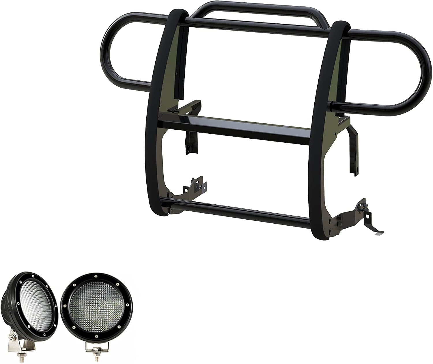Black Horse Grille brush Bumper Guard Modular Black Come with Pair of 5.3" Dia.LED Lights with Black Trim Rings Compatible with 2020-2024 Jeep Gladiator|2018-2024 Jeep Wrangler-17JPJLMA-PLFB