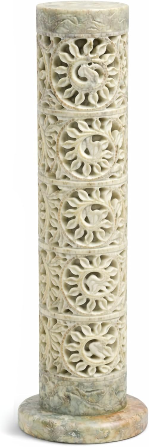Carry Me Marble Soapstone Incense Stick Holder | Candle Burner | Tea Light Holder - Perfect Handmade Floral Carving for Gifting. Decorative Home and Office Decor.(3 x 3 x 11 Inches)