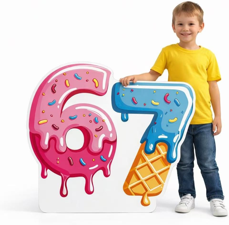 Large 6 7 Cardboard Cutout Stand-Up, 20 * 16 Inch 6 7 Birthday Decorations, Cartoon 67 Meme Themed Donut Ice Cream Photo Booth Prop, Funny Six Seven Birthday Party Backdrop Decorations (Pink&Blue)
