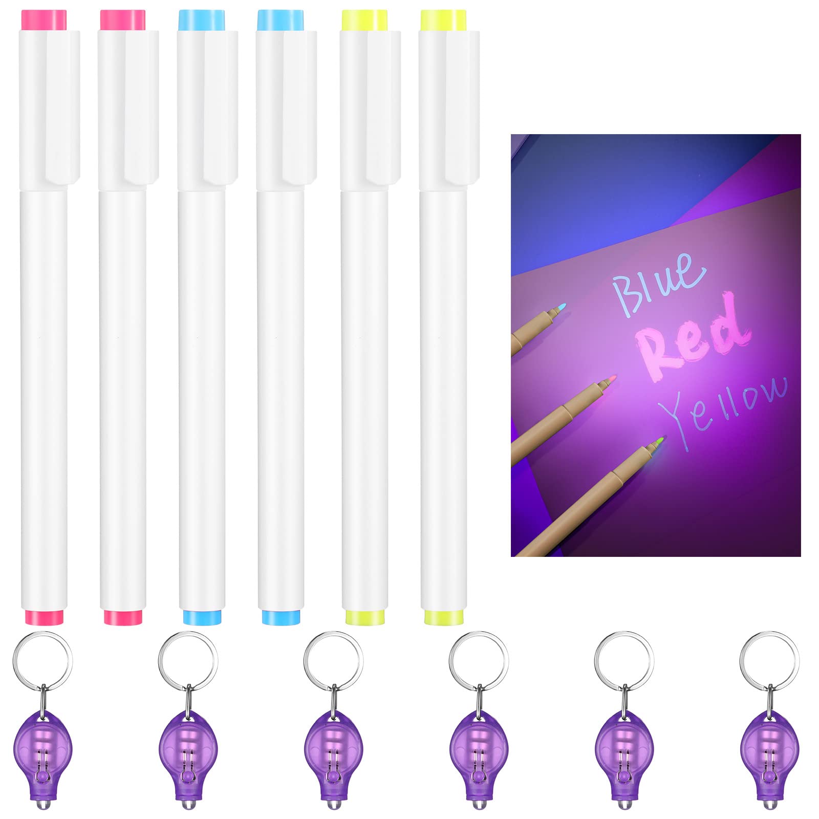 6 Pieces Light Ink Pen Invisible Ink Marker Invisible Ink Pens with 6 Pieces UV Light for Kids Disappearing Ink Colored Marker Pens with Led Flashlight Keychain for Secret Notes School Office Identify