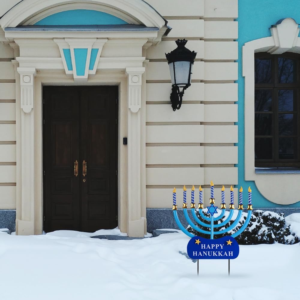 hogardeck Hanukkah Outdoor Decorations, Menorah Metal Dreidel Decorative Garden Stakes for Jewish Chanukah Decor, Happy Hanukkah Yard Signs for Christmas Garden Lawn Patio