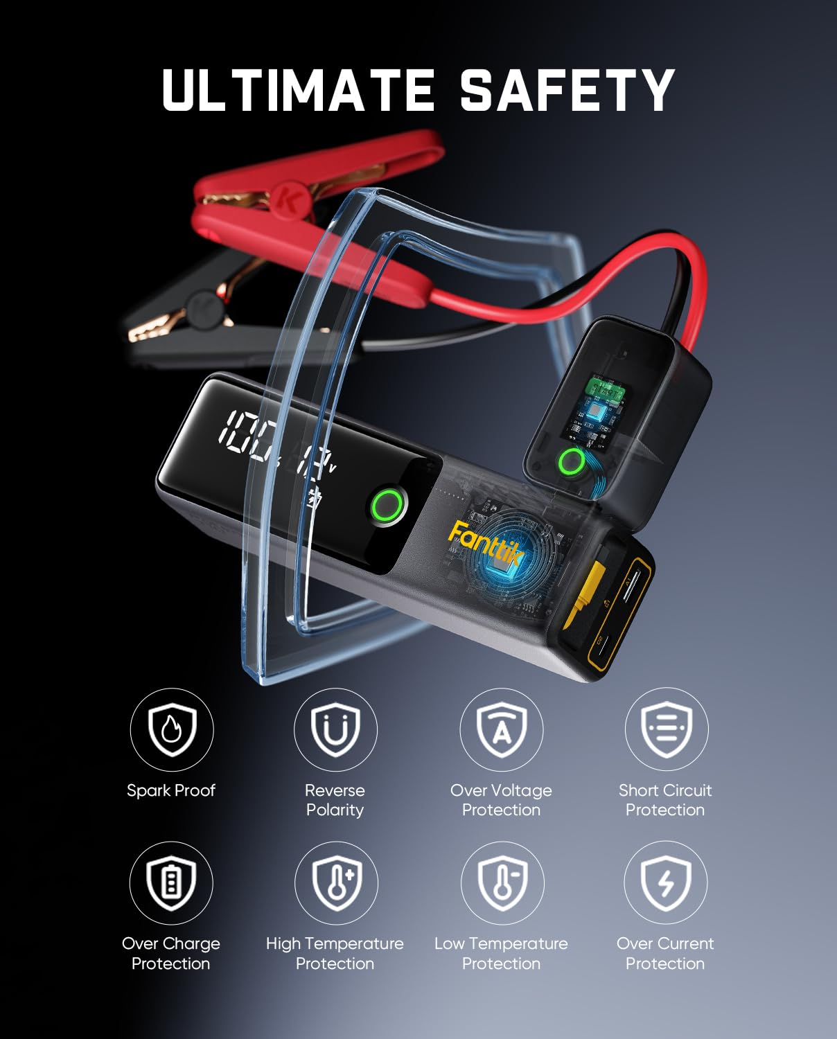 Fanttik Potent T10 Tragbarer Starthilfe Powerbank, Starthilfegeräte | 12000mAh Powerbank, 12V sichere Lithium-Starthilfe, Batteriebooster für 7,0L Benzin- und 5,0L Dieselmotoren