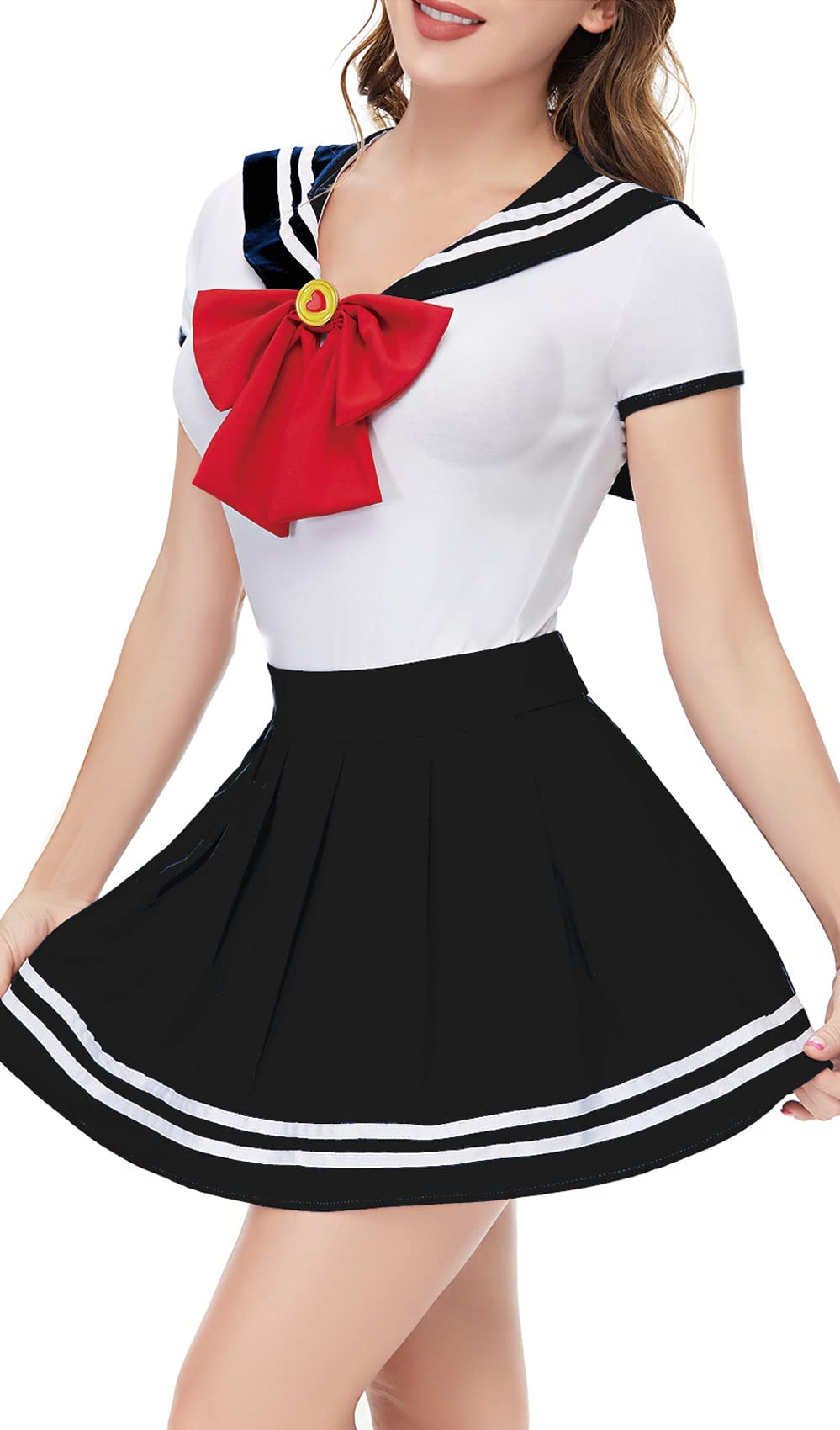 CutiePlusU School Girl Outfit Women Costume Tie Top Shirt with Pleated Skirt Cosplay Black XS โ image 1