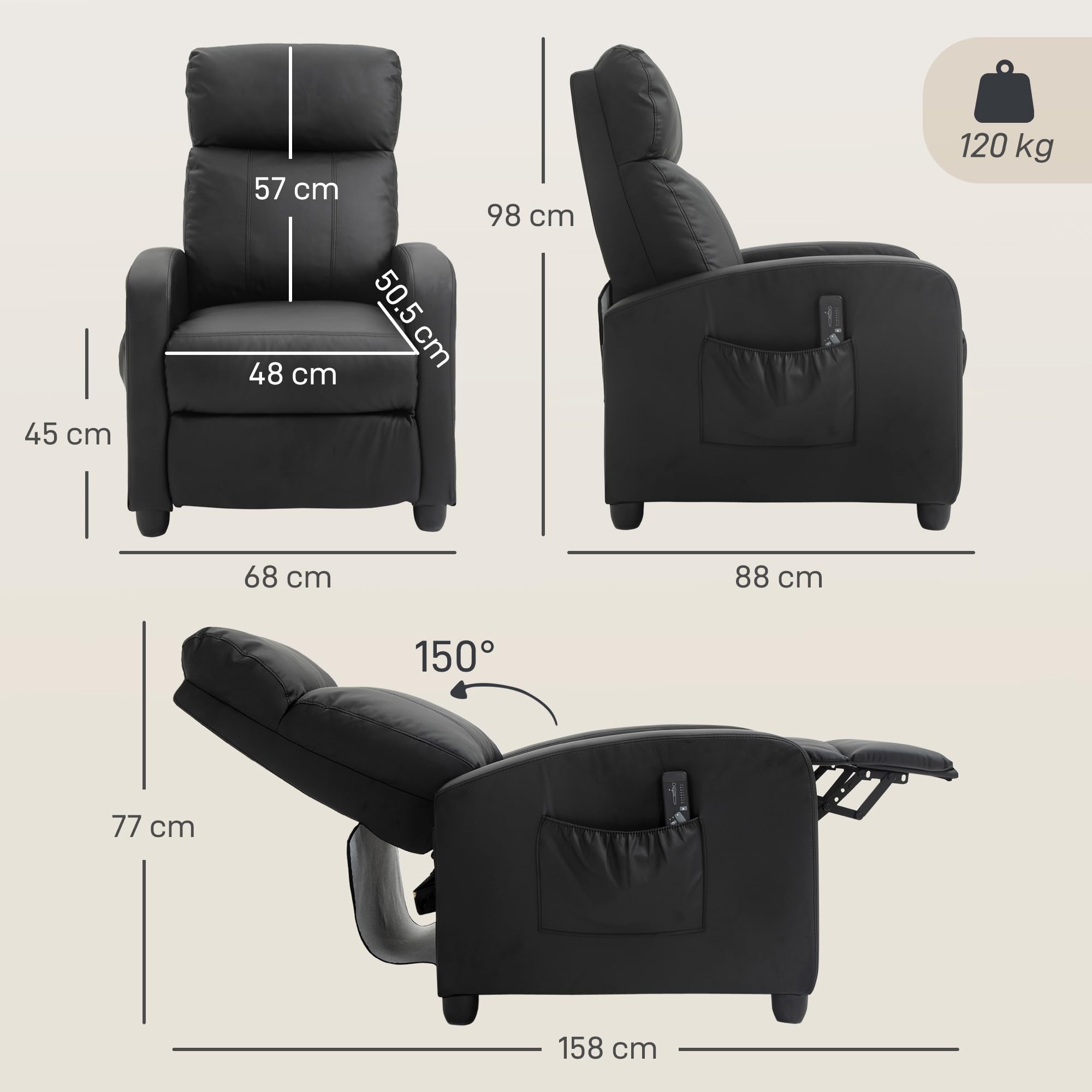 HOMCOM Massagesessel mit Liegefunktion, Relaxsessel mit Massagefunktion, Fernsehsessel mit Fernbedienung, Massagesofa mit Rückenlehne, elektrisch, Schwarz