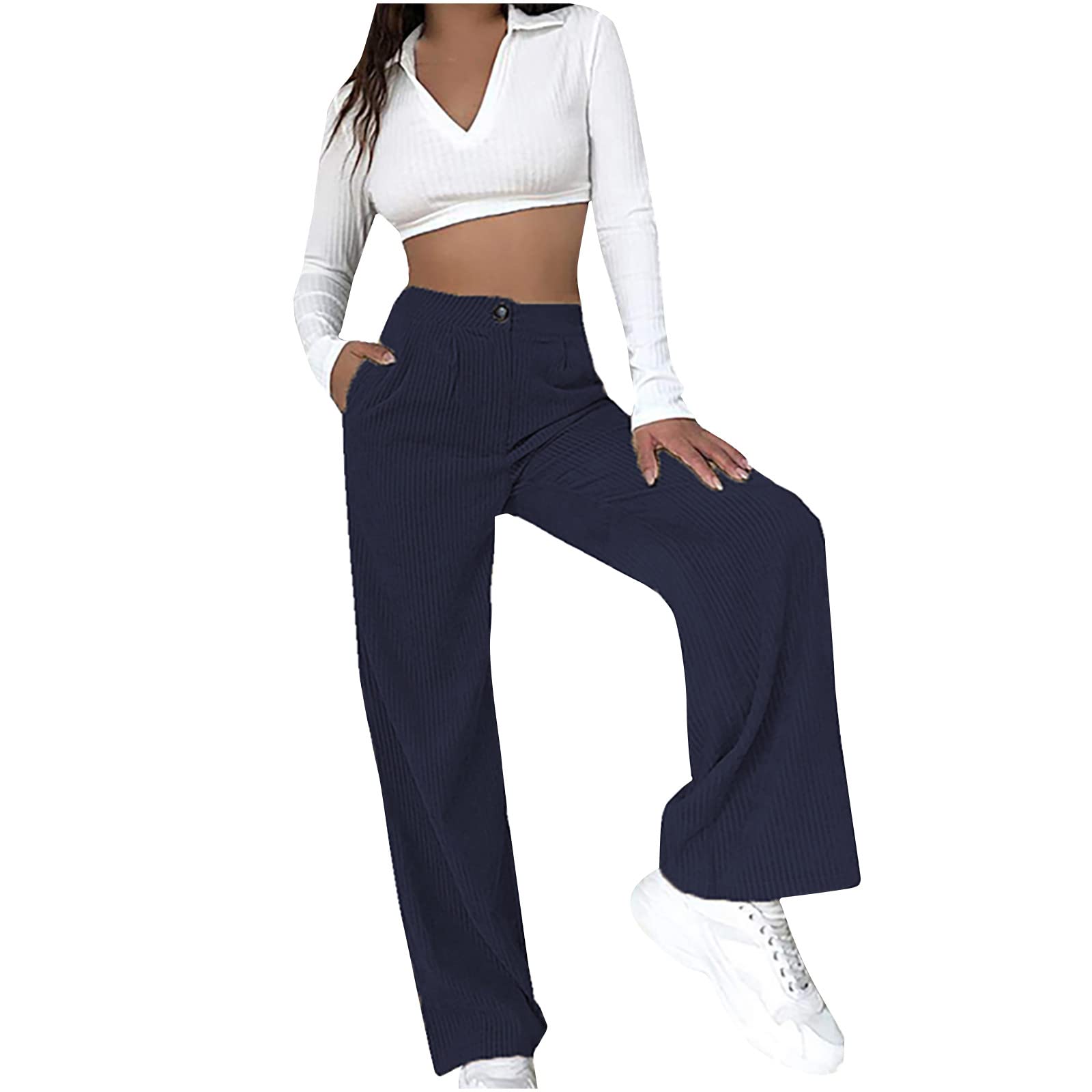 Flare Work Pants for Women Plus Size Plain Button Down Pockets Wide Leg  Pants Corduroy Baggy Cute Lounge Pants