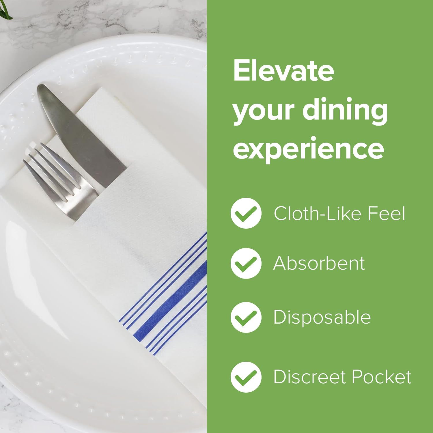 SimuLinen White and Blue Bistro Disposable Dinner Napkins with Pocket for Utensils, Decorative and Absorbent, Paper Napkins for Silverware, 17"x17", Box of 300