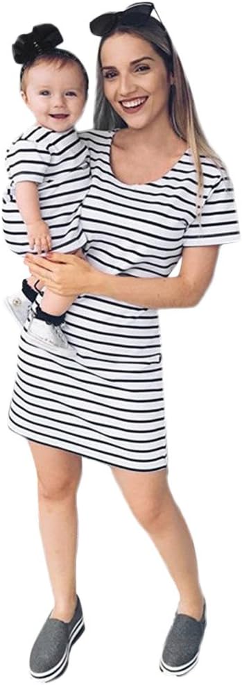 HOMEBABY BabyFamily Matching Clothes Summer Striped Short Sleeve Dress Mother Daughter Dresses Vintage Retro Girls Kids Ladies Sundress Boho Tunic Dress Casual Birthday Princess Party Dress