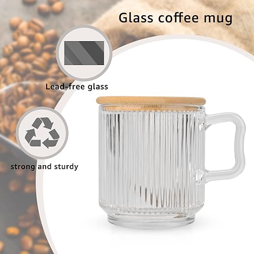Miniatura 3 de tronco Taza de café de vidrio de 12 onzas con tapa de bambú y cuchara de flores de cerezo, paquete de 2 tazas de té de vidrio clásicas con rayas