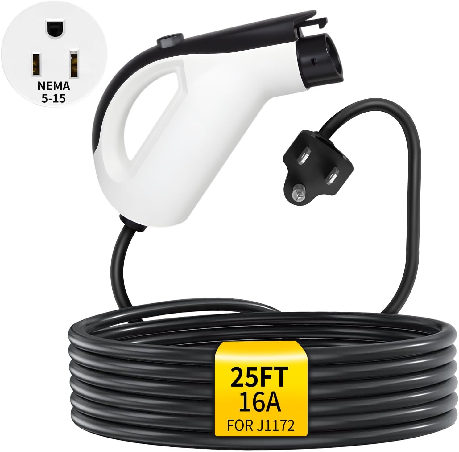 Level 1 EV Charger 16A 120V, 25FT Portable EV Charging Cable Compatible with NEMA 5-15 Outlet, J1772 Electric Car Charger, 12A Safe Continuous Load, IP55 (Non-Tesla)