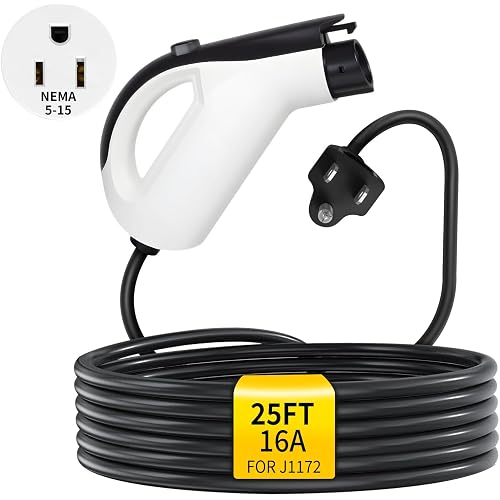Level 1 EV Charger for J1772 EVs and PHEVs, Portable SAE J1772 EVSE for Travel and Overnight Backup Charging, 120V NEMA 5-15, 16A-Rated, 12A Continuous with 25FT Cable, IP55
