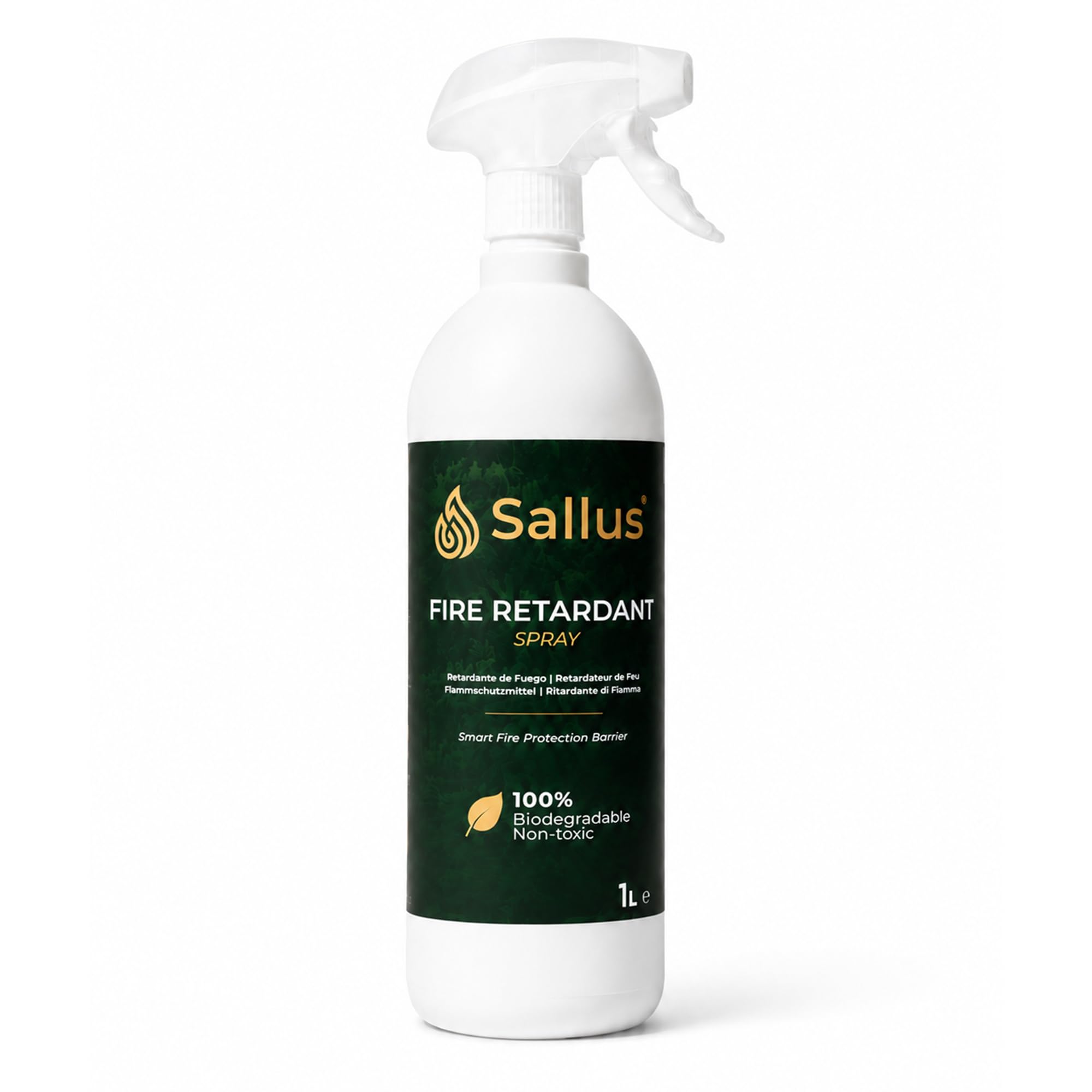 Sallus Flammschutzspray 1L | Aktiver Hitzeschild | Ungiftige, biologisch abbaubare Wärmedämmschicht für Holz, Textilien und mehr. Optimal für die Brandschutzklassen A, B und F.
