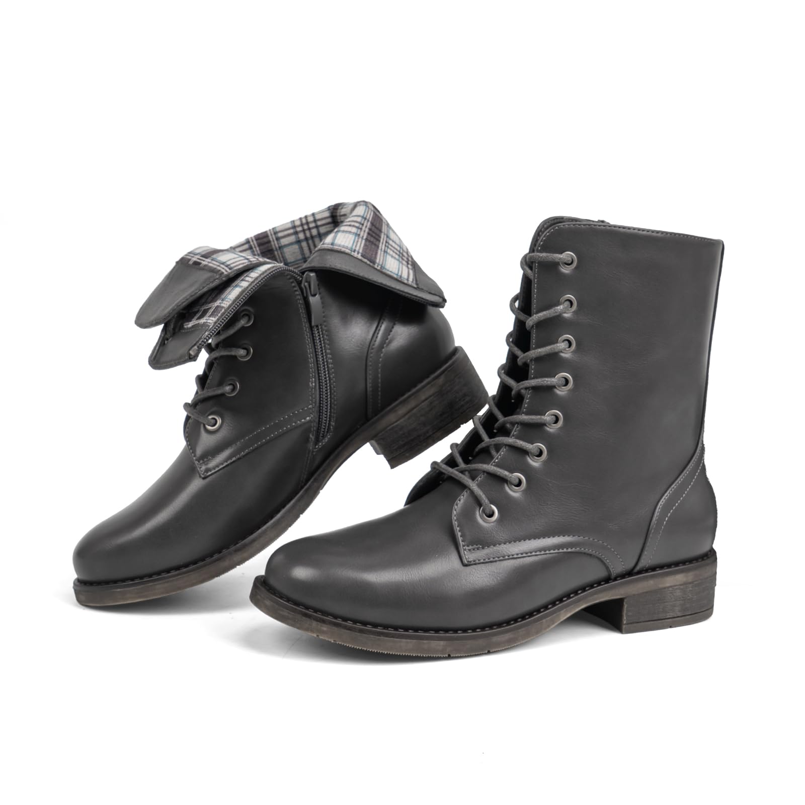VJH confort Womens Mid Calf Boots Lace-up Military Combat Low Heel Booties with Zipper