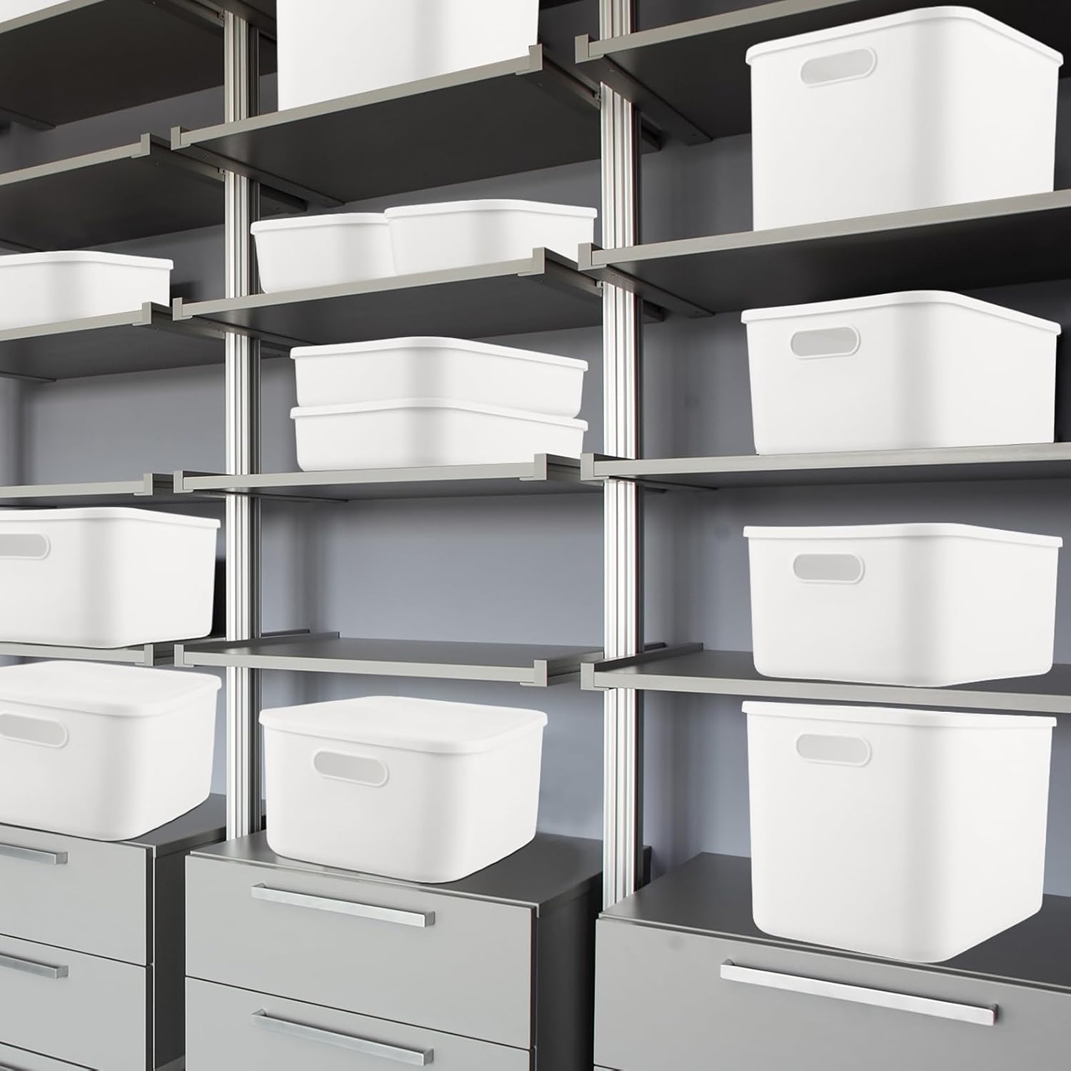 16 Pack Plastic Storage Bins with Lids Stackable Classroom Organization Bins 4 Size Combination Craft Organizers for Home Office, Organize Craft Shoes Tools Snacks(White)