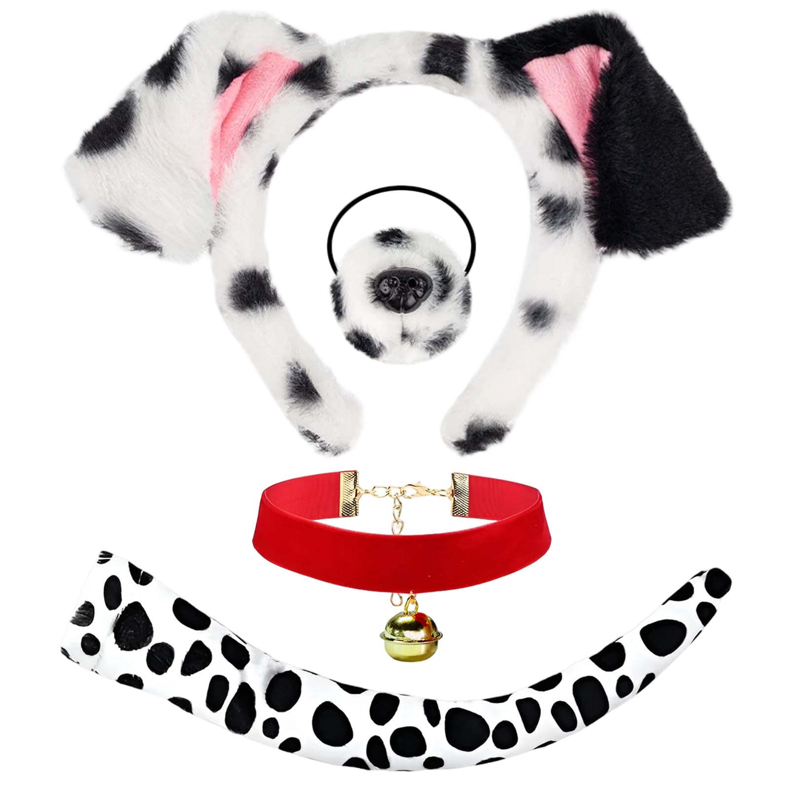 Dazzroi 4Pcs Spotted Dog Costume Accessories Set, Funny Animal Cosplay Set Includes Furry Dog Ears Headband Nose Tail Bow Tie, Dogs Fancy Dress Kit for World Book Day Halloween Party Carnival