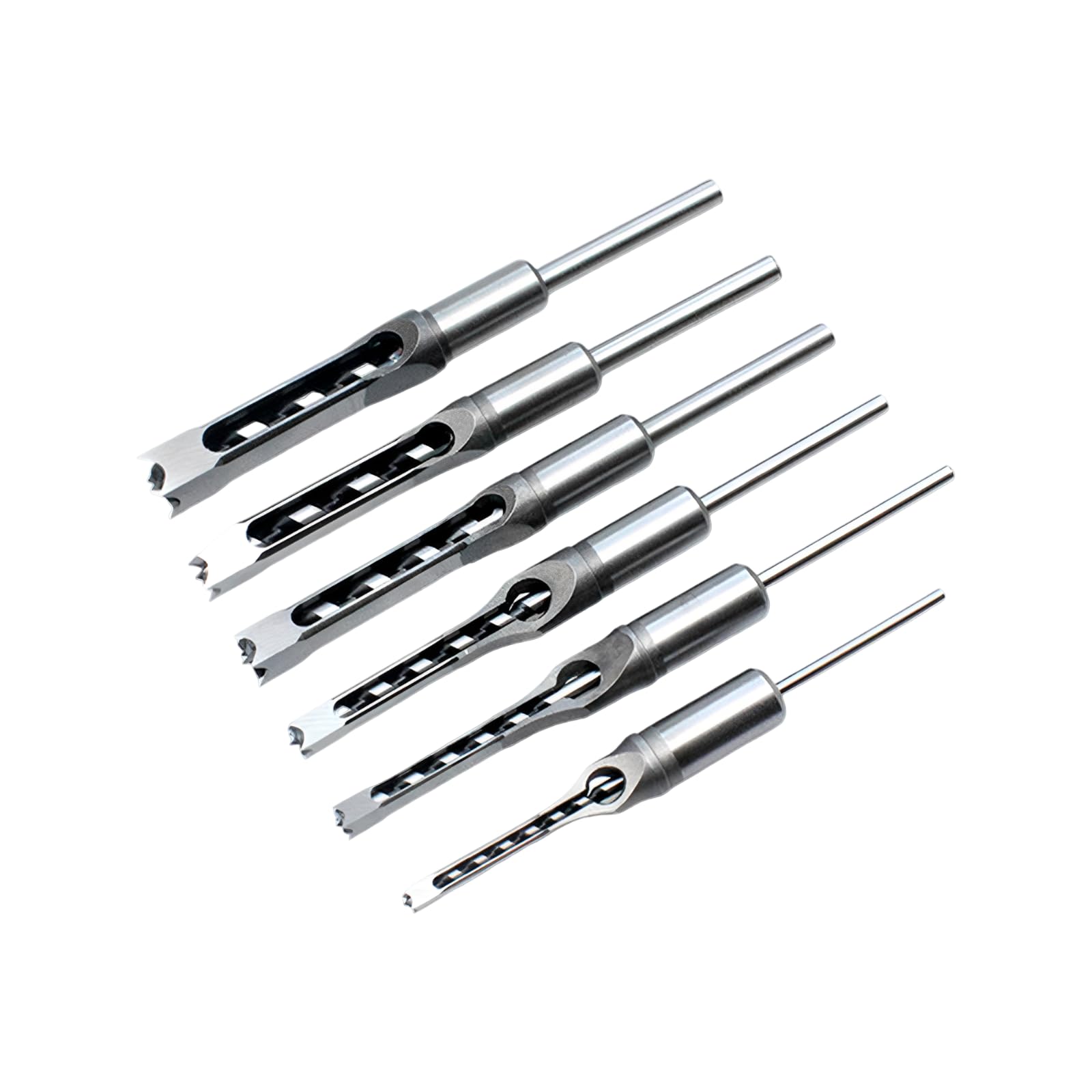 Lot de 6 forets carrés pour mortaisage, foret ciseau à bois pour menuiserie, acier argenté, 21 cm, 6 tailles, pour créer des mortaises nettes et des assemblages tenon et mortaise précis