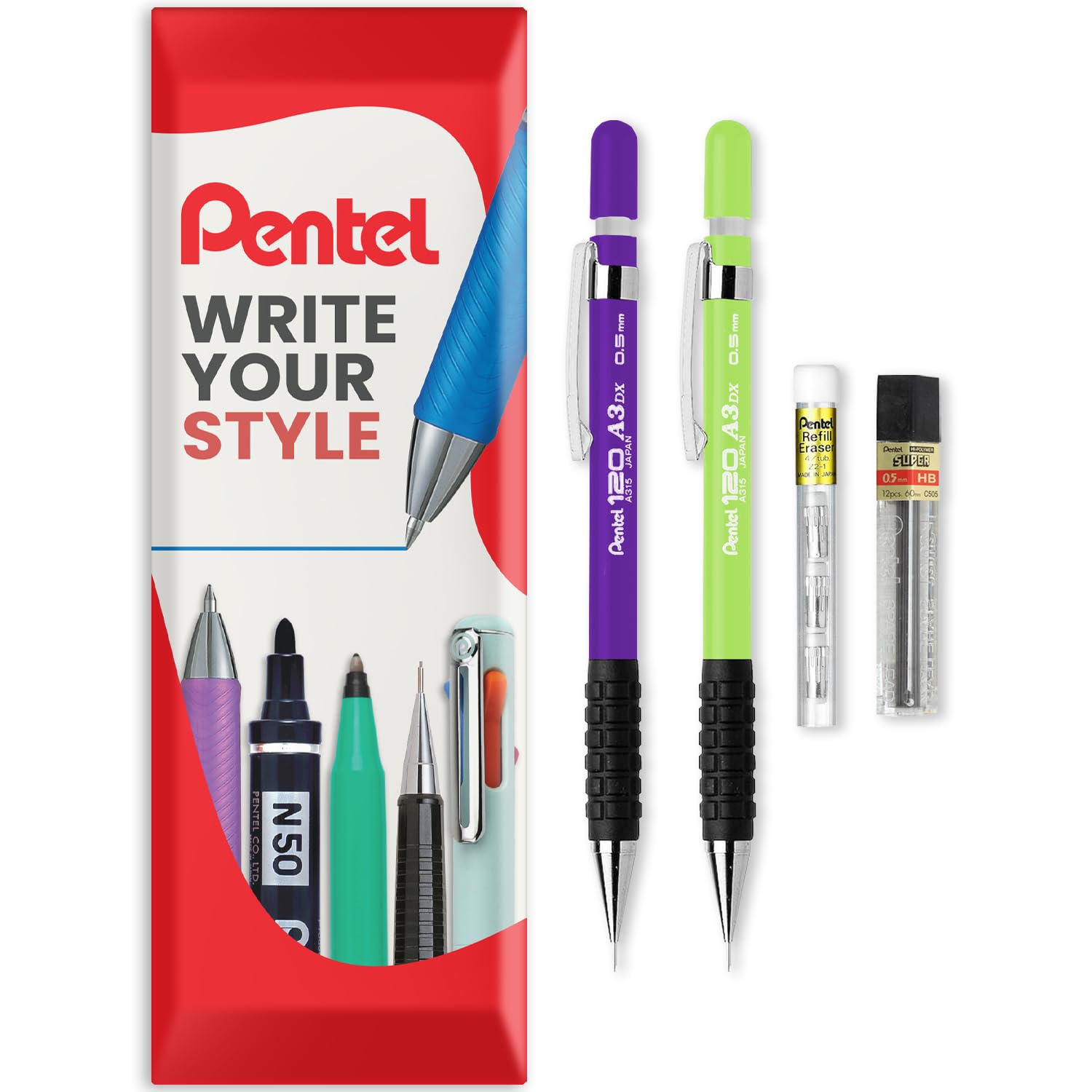 Pentel 120 Series Automatic Mechanical Pencil A315 + 12 HB Refill Leads + Tube of Eraser Refills - In Envelope Gift Packaging (Violet & Light Green, 0.5mm)