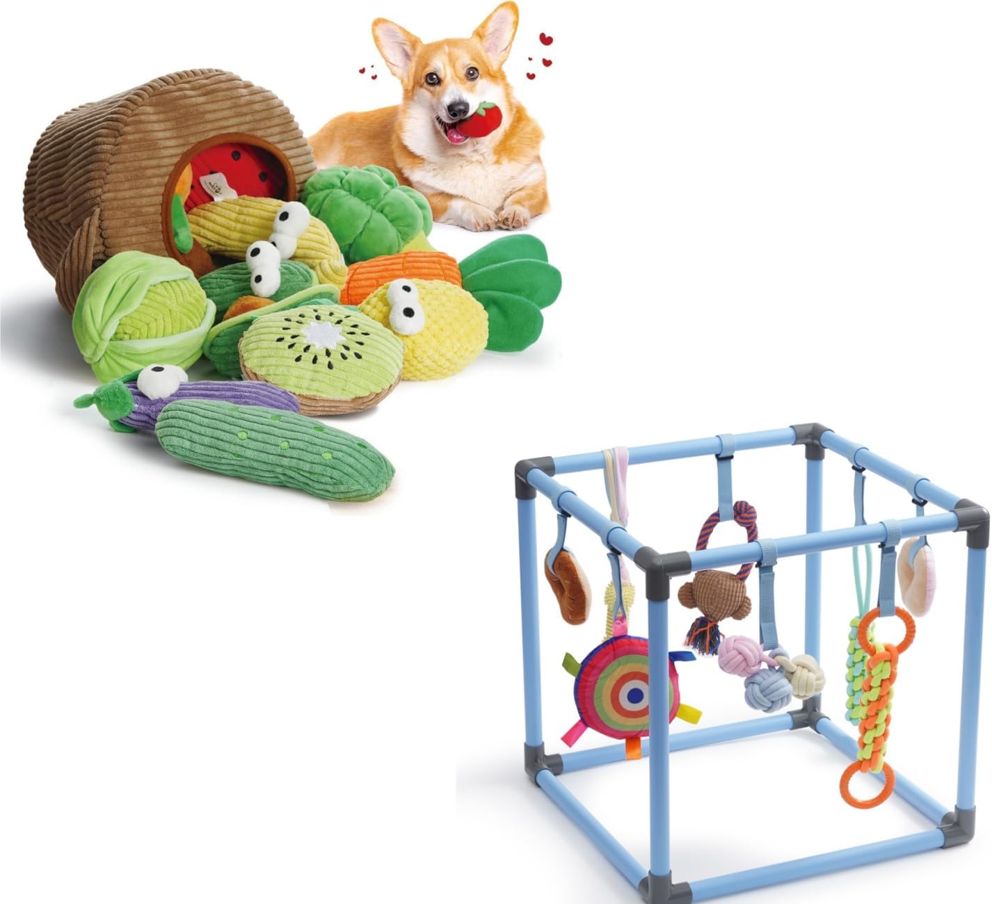 Nocciola Dog Toy Bundle of Puppy Play Gym & Fruits Veggies Stuffed Dog Toys Pack