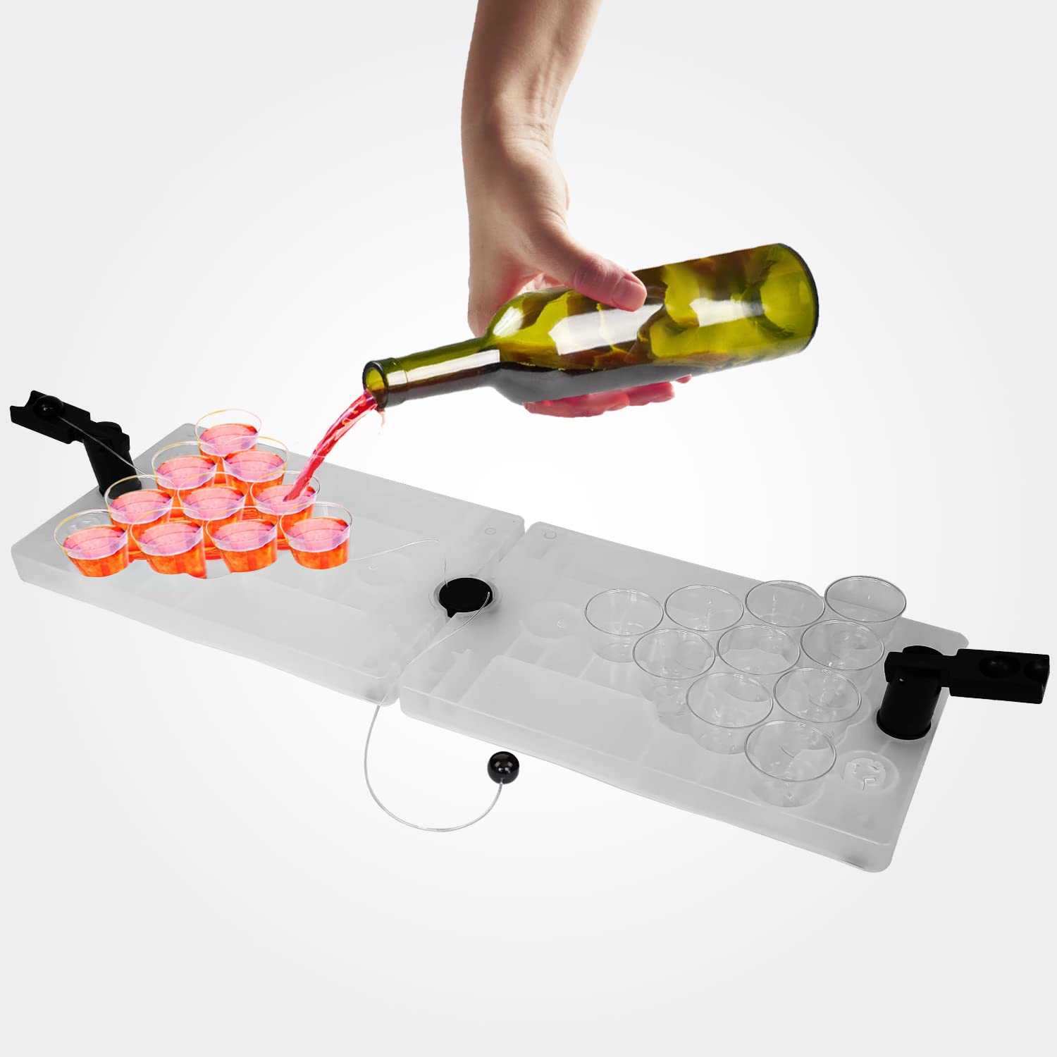 SHOTPONG Mini Beer Pong Drinking Game, White, Includes 2 Catapults, 22 Transparent Cups and 2 Casting Balls for Pre-Glow