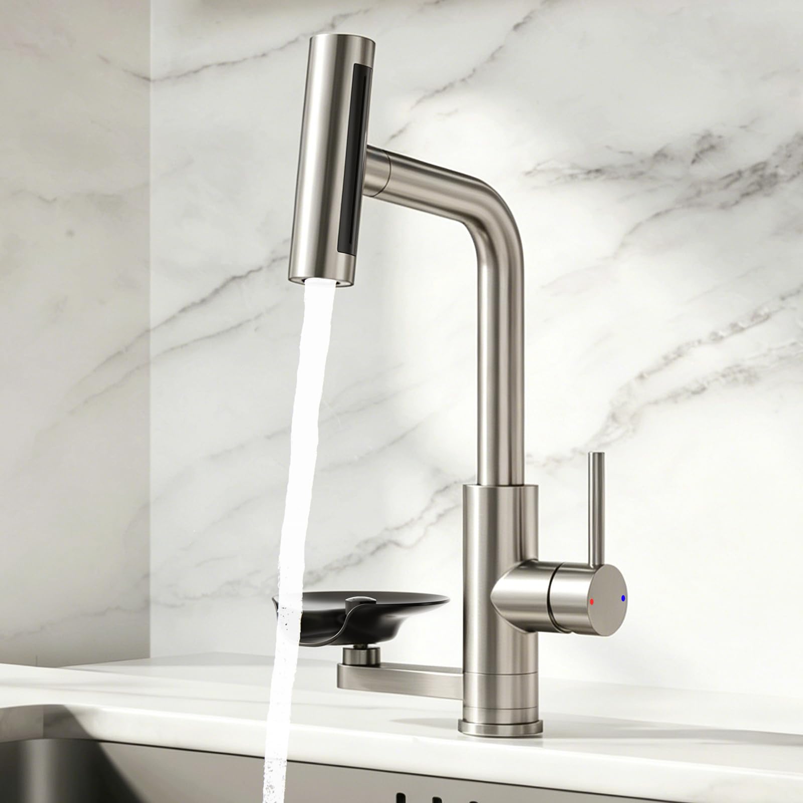 360° drehbarer Wasserhahn Küche ausziehbar mit Brause, wasserfall Mischbatterie Küche mit Gläserspüler, 4 Modi Spültischarmatur mit Glasspüler (Gebürstetes Nickel, Standardausführung)