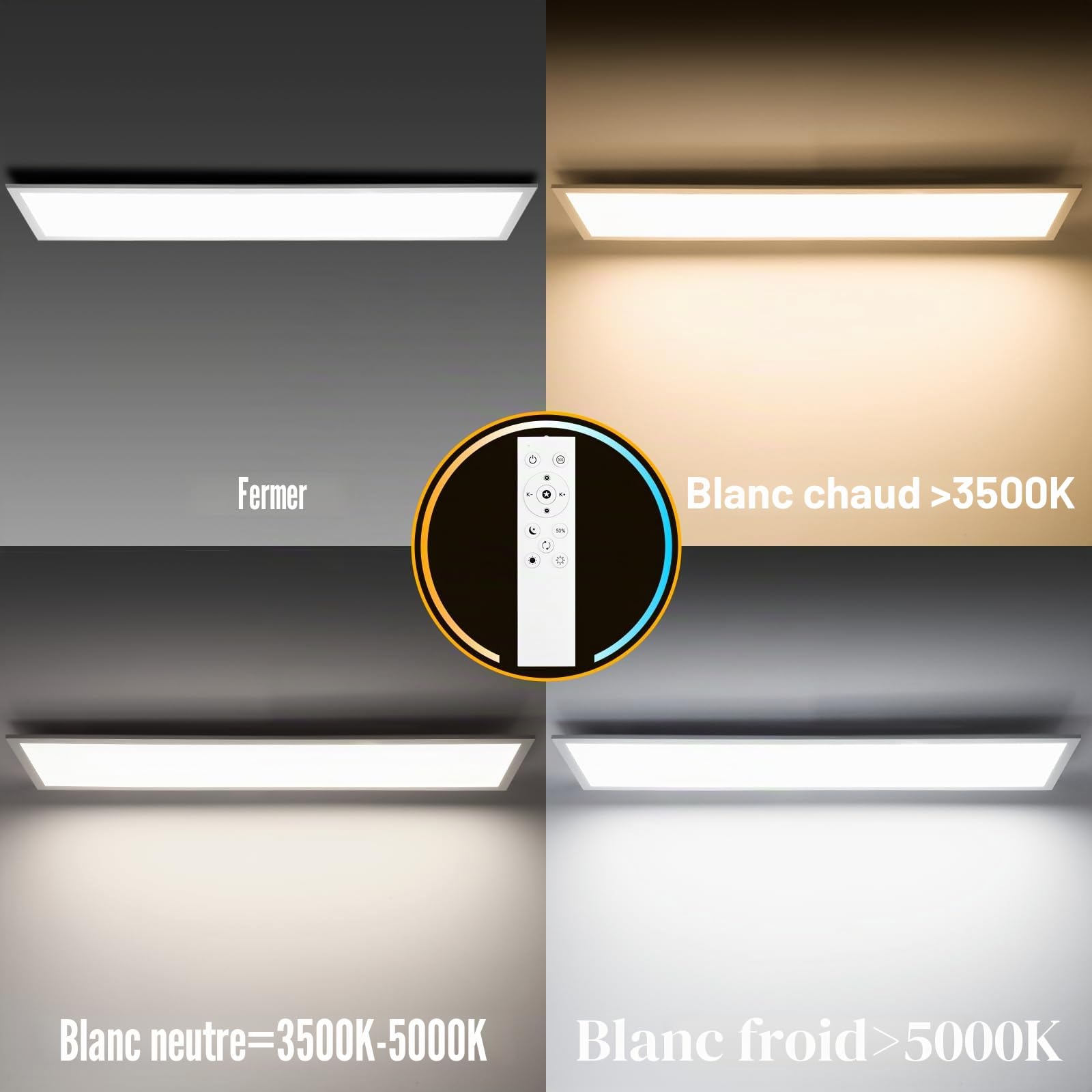 Oraymin Panneau LED Plafonnier Dimmable 120x30 cm avec rétroéclairage RGB, 40W 4800LM, Plafonnier avec télécommande et fonction mémoire, lampe 3000K-6500K pour salon, chambre, cuisine et bureau
